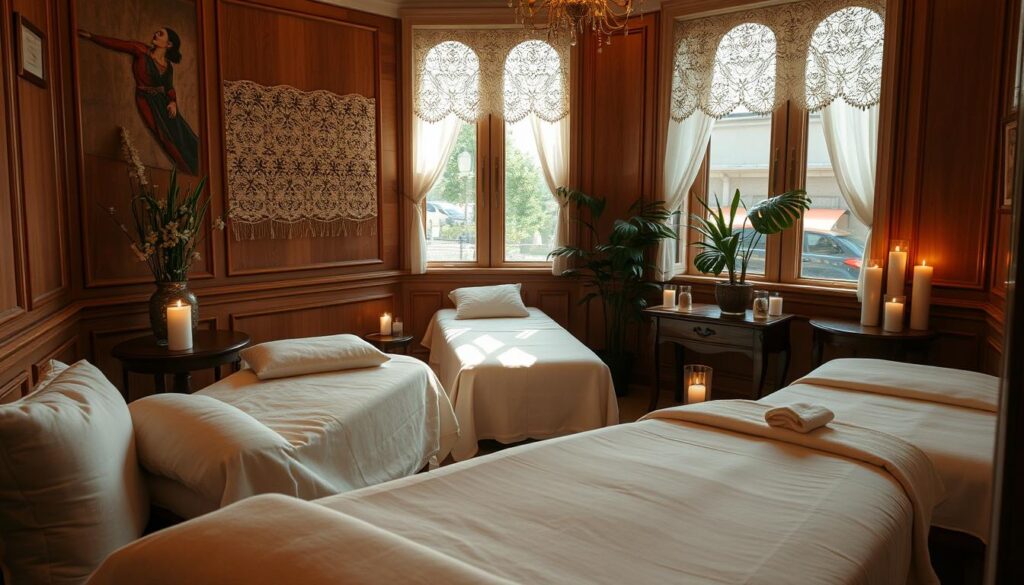 A serene massage parlor nestled in the heart of historic Istanbul, with plush cushions, scented candles, and a tranquil ambiance. Soft, natural lighting filters through lace-trimmed windows, casting a warm glow over the serene treatment rooms. Elegant wood-paneled walls and polished floors create a refined, luxurious atmosphere. Skilled masseuses ready to offer a range of therapeutic massages, from traditional Turkish techniques to soothing aromatherapy. A calming oasis amid the bustling streets, inviting visitors to indulge in a moment of relaxation and rejuvenation. A serene massage parlor nestled in the heart of historic Istanbul, with plush cushions, scented candles, and a tranquil ambiance. Soft, natural lighting filters through lace-trimmed windows, casting a warm glow over the serene treatment rooms. Elegant wood-paneled walls and polished floors create a refined, luxurious atmosphere. Skilled masseuses ready to offer a range of therapeutic massages, from traditional Turkish techniques to soothing aromatherapy. A calming oasis amid the bustling streets, inviting visitors to indulge in a moment of relaxation and rejuvenation.