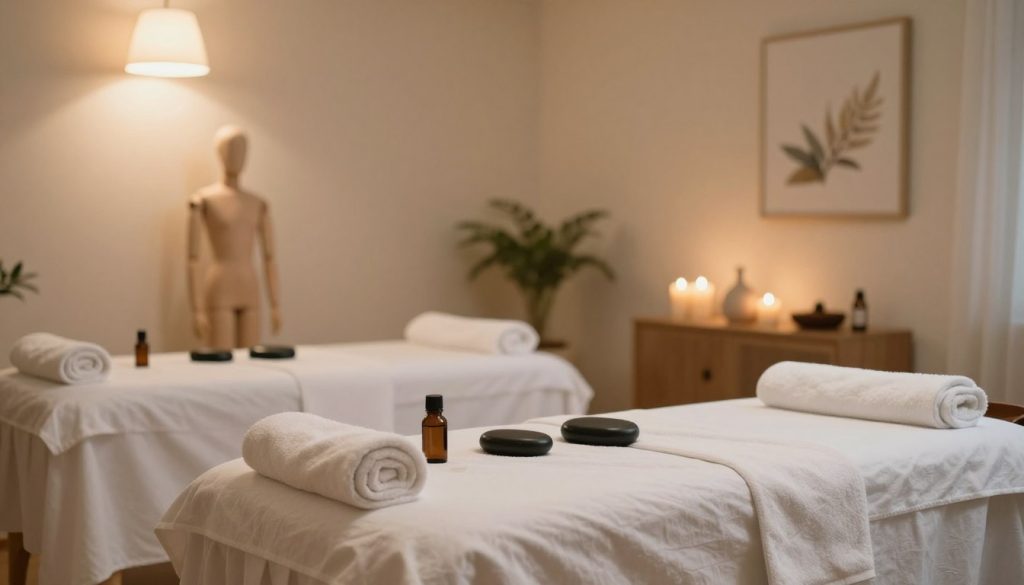 A serene massage room setting, softly illuminated with warm, diffused lighting from overhead lamps. The foreground features a neatly arranged massage table draped in fresh linens, with essential oils and tools like hot stones and towels organized nearby. In the middle ground, subtle signs of common massage errors are visually depicted, such as an improper body posture mannequin or misplaced aromatic candles, highlighting misconceptions in technique. The background shows a calming ambiance created by pale colors, soft textures, and soothing decor elements like plants and calming artwork. The overall mood is tranquil yet informative, inviting the viewer to reflect on the importance of proper massage practices without any human figures or textual elements in the scene. A serene massage room setting, softly illuminated with warm, diffused lighting from overhead lamps. The foreground features a neatly arranged massage table draped in fresh linens, with essential oils and tools like hot stones and towels organized nearby. In the middle ground, subtle signs of common massage errors are visually depicted, such as an improper body posture mannequin or misplaced aromatic candles, highlighting misconceptions in technique. The background shows a calming ambiance created by pale colors, soft textures, and soothing decor elements like plants and calming artwork. The overall mood is tranquil yet informative, inviting the viewer to reflect on the importance of proper massage practices without any human figures or textual elements in the scene.