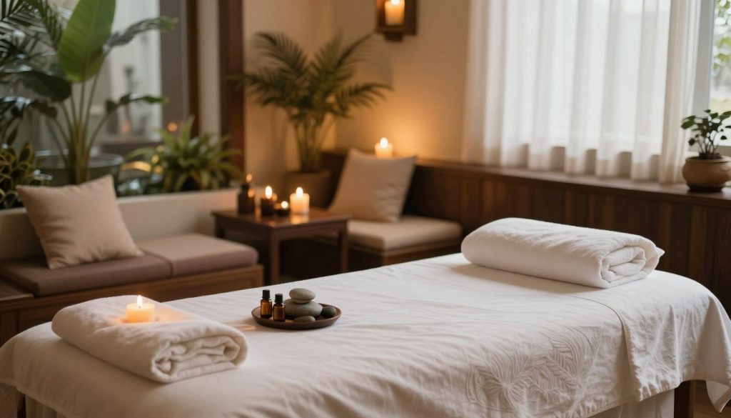 A serene massage spa environment in Istanbul, showcasing a tranquil space designed for relaxation. In the foreground, a beautifully arranged massage table with soft, white linens and aromatic candles flickering gently. Essential oils and natural stones are placed artistically nearby, evoking a sense of calm. The middle features soft, warm lighting illuminating plush cushions and dark wood accents, creating an inviting atmosphere. In the background, soft-focus images of lush indoor plants and delicate water features enhance the spa ambiance. The overall mood is peaceful and rejuvenating, embodying the essence of a traditional Turkish massage experience. Natural light filters in through elegant curtains, adding a gentle glow to the scene, evoking feelings of serenity and well-being. A serene massage spa environment in Istanbul, showcasing a tranquil space designed for relaxation. In the foreground, a beautifully arranged massage table with soft, white linens and aromatic candles flickering gently. Essential oils and natural stones are placed artistically nearby, evoking a sense of calm. The middle features soft, warm lighting illuminating plush cushions and dark wood accents, creating an inviting atmosphere. In the background, soft-focus images of lush indoor plants and delicate water features enhance the spa ambiance. The overall mood is peaceful and rejuvenating, embodying the essence of a traditional Turkish massage experience. Natural light filters in through elegant curtains, adding a gentle glow to the scene, evoking feelings of serenity and well-being.