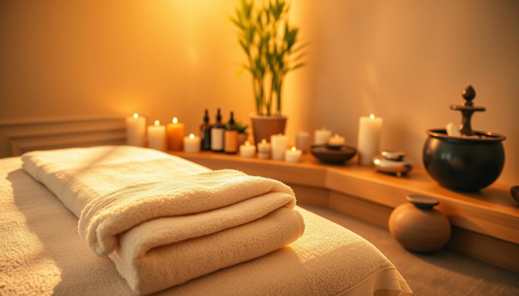 A serene massage studio bathed in warm, golden lighting. On the foreground, a table draped with soft, plush towels, inviting the viewer to imagine the soothing experience. In the middle ground, an array of massage oils, candles, and tools, each carefully arranged to create a harmonious, calming atmosphere. The background features soothing natural elements, such as a bamboo plant or a tranquil water feature, further enhancing the sense of relaxation. The overall mood is one of tranquility, inviting the viewer to immerse themselves in the restorative power of various massage techniques. A serene massage studio bathed in warm, golden lighting. On the foreground, a table draped with soft, plush towels, inviting the viewer to imagine the soothing experience. In the middle ground, an array of massage oils, candles, and tools, each carefully arranged to create a harmonious, calming atmosphere. The background features soothing natural elements, such as a bamboo plant or a tranquil water feature, further enhancing the sense of relaxation. The overall mood is one of tranquility, inviting the viewer to immerse themselves in the restorative power of various massage techniques.