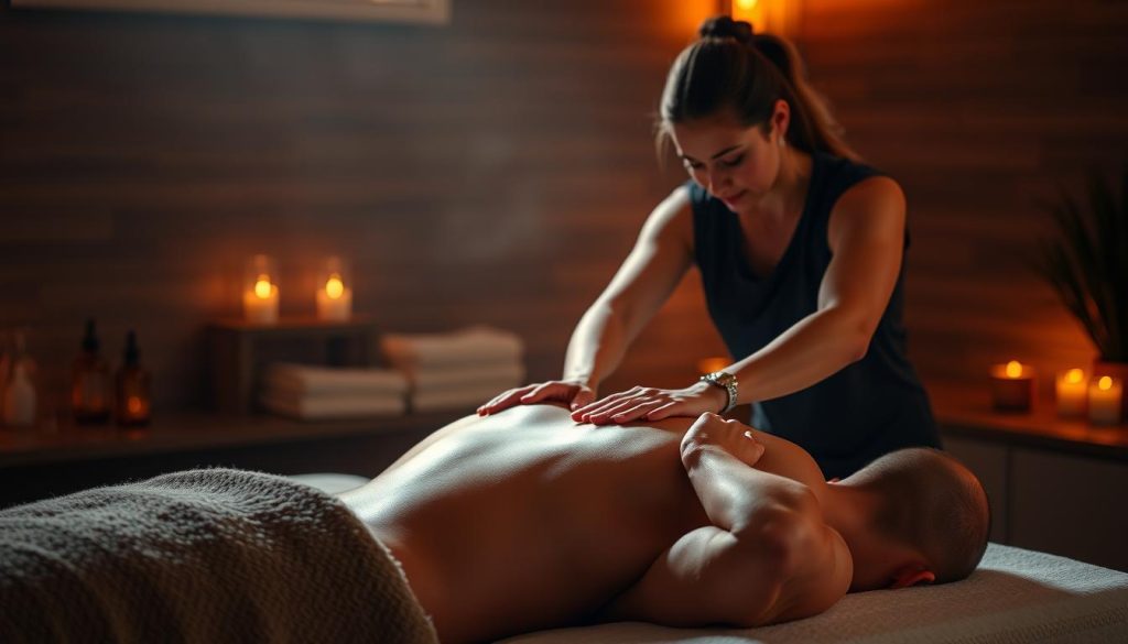 A serene massage studio, dimly lit with warm hues. A professional massage therapist's skilled hands gently kneading the tense muscles of a muscular, athletic body. Soothing essential oils permeate the air, creating a calming ambiance. Soft, diffused lighting casts a tranquil glow, highlighting the therapist's focused expression and the client's state of relaxation. The scene exudes a sense of rejuvenation and restoration, capturing the essence of sports massage therapy. A serene massage studio, dimly lit with warm hues. A professional massage therapist's skilled hands gently kneading the tense muscles of a muscular, athletic body. Soothing essential oils permeate the air, creating a calming ambiance. Soft, diffused lighting casts a tranquil glow, highlighting the therapist's focused expression and the client's state of relaxation. The scene exudes a sense of rejuvenation and restoration, capturing the essence of sports massage therapy.