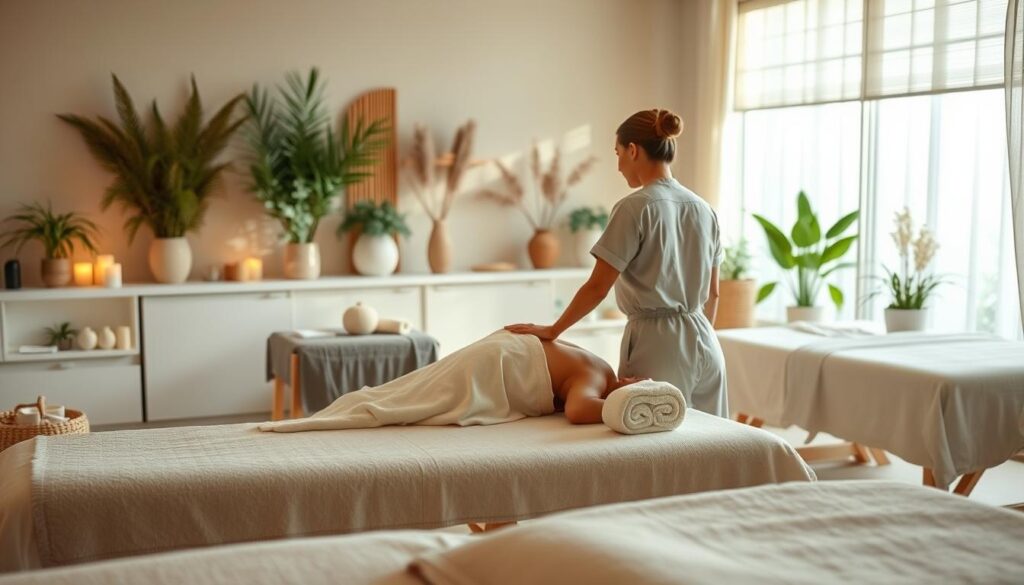 A serene massage studio filled with natural light, therapeutic essences, and plush massage tables. A single therapist, dressed in calming attire, attentively administers a customized massage to a single client, their face obscured for privacy. The lighting is soft and warm, creating a soothing, spa-like ambiance. The background features tranquil, nature-inspired decor, such as potted plants, soft textiles, and natural wood accents, conveying a sense of relaxation and well-being. The scene captures the individualized, tailored experience of a private massage session, highlighting the advantages of personalized care and attention. A serene massage studio filled with natural light, therapeutic essences, and plush massage tables. A single therapist, dressed in calming attire, attentively administers a customized massage to a single client, their face obscured for privacy. The lighting is soft and warm, creating a soothing, spa-like ambiance. The background features tranquil, nature-inspired decor, such as potted plants, soft textiles, and natural wood accents, conveying a sense of relaxation and well-being. The scene captures the individualized, tailored experience of a private massage session, highlighting the advantages of personalized care and attention.