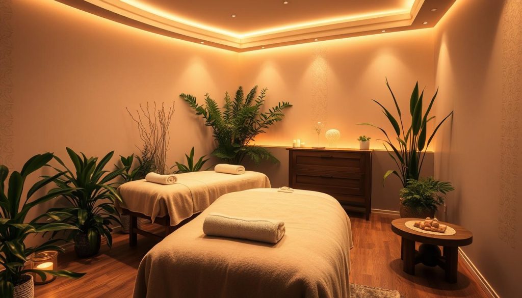 A serene massage studio in Istanbul, bathed in warm, soft lighting. Plush, inviting massage tables surrounded by soothing greenery and natural elements. Calming essential oils diffuse in the air, creating a tranquil atmosphere. Delicate patterns and textures adorn the walls, complementing the minimalist, spa-like aesthetic. The camera captures the scene from a slightly elevated angle, showcasing the overall calming and rejuvenating ambiance of this stress-relieving sanctuary. A serene massage studio in Istanbul, bathed in warm, soft lighting. Plush, inviting massage tables surrounded by soothing greenery and natural elements. Calming essential oils diffuse in the air, creating a tranquil atmosphere. Delicate patterns and textures adorn the walls, complementing the minimalist, spa-like aesthetic. The camera captures the scene from a slightly elevated angle, showcasing the overall calming and rejuvenating ambiance of this stress-relieving sanctuary.