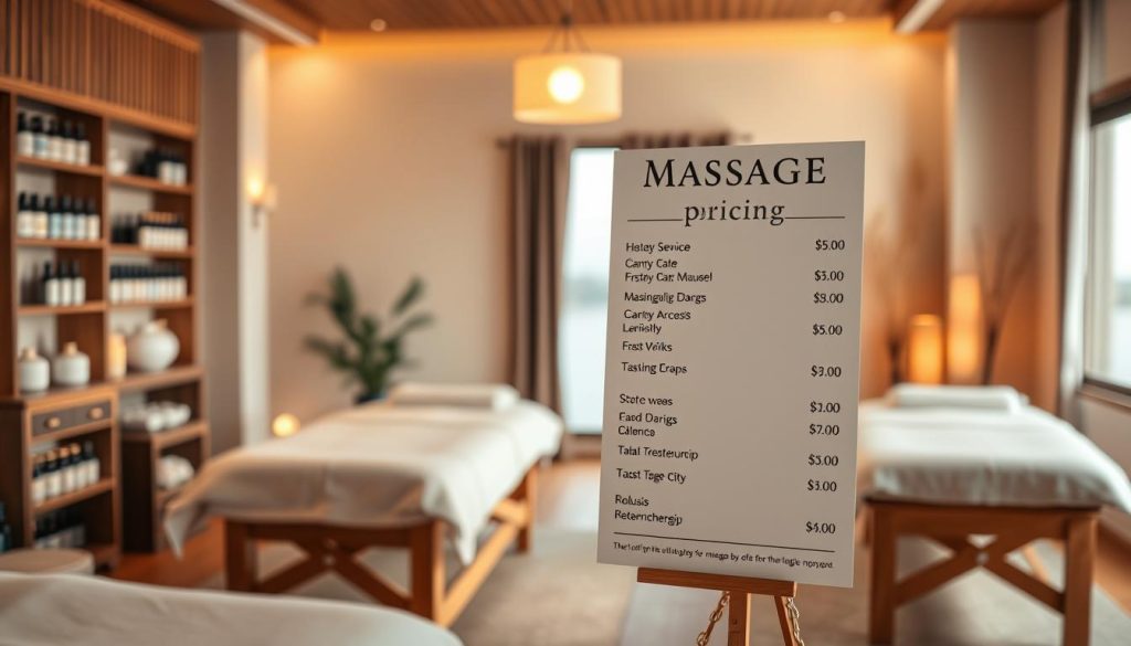 A serene massage studio interior with soft lighting, warm wood tones, and plush massage tables. The room is filled with an array of massage oils and aromatherapy diffusers, creating a calming ambiance. In the foreground, a display showcases massage service pricing, allowing clients to easily compare and select their desired treatment options. The mid-ground features a tranquil window view, while the background is subtly blurred, maintaining the focus on the pricing information. The overall composition conveys a sense of relaxation and professionalism, inviting the viewer to explore the varied massage services and their associated costs. A serene massage studio interior with soft lighting, warm wood tones, and plush massage tables. The room is filled with an array of massage oils and aromatherapy diffusers, creating a calming ambiance. In the foreground, a display showcases massage service pricing, allowing clients to easily compare and select their desired treatment options. The mid-ground features a tranquil window view, while the background is subtly blurred, maintaining the focus on the pricing information. The overall composition conveys a sense of relaxation and professionalism, inviting the viewer to explore the varied massage services and their associated costs.