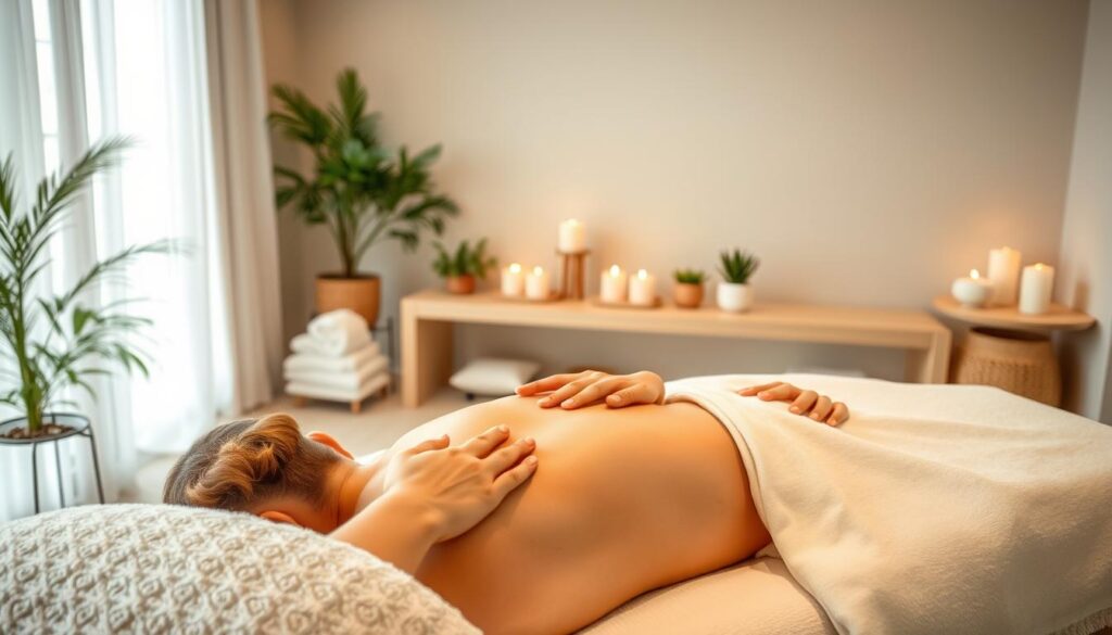 A serene massage studio setting with soft lighting and natural elements. The foreground showcases various massage techniques, such as kneading, effleurage, and tapotement, performed with skilled hands on a body. The middle ground features essential massage tools like massage oil, towels, and a heated table. The background depicts a calming, zen-inspired atmosphere with potted plants, candles, and a soothing color palette. The image conveys a sense of relaxation, professionalism, and attention to detail in the art of massage. A serene massage studio setting with soft lighting and natural elements. The foreground showcases various massage techniques, such as kneading, effleurage, and tapotement, performed with skilled hands on a body. The middle ground features essential massage tools like massage oil, towels, and a heated table. The background depicts a calming, zen-inspired atmosphere with potted plants, candles, and a soothing color palette. The image conveys a sense of relaxation, professionalism, and attention to detail in the art of massage.