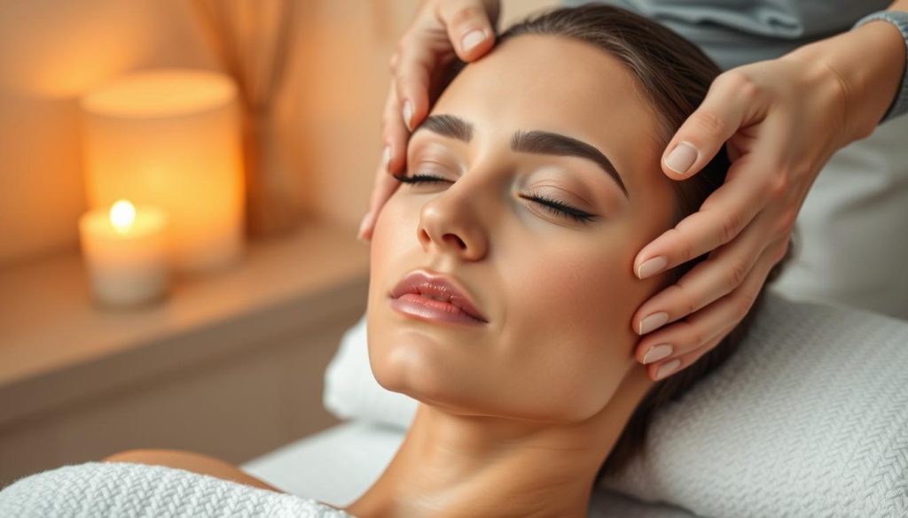 A serene massage studio with soft, diffused lighting and warm tones. In the foreground, a skilled masseuse's hands gently kneading and caressing a model's face, focusing on the forehead, cheeks, and jawline. The model's skin appears smooth, supple, and radiant, reflecting the restorative effects of the massage techniques. In the background, subtle textures and patterns suggest a tranquil, spa-like environment, creating a sense of relaxation and rejuvenation. The overall composition conveys the calming and rejuvenating experience of a personalized facial massage, tailored to the individual's skin type and needs. A serene massage studio with soft, diffused lighting and warm tones. In the foreground, a skilled masseuse's hands gently kneading and caressing a model's face, focusing on the forehead, cheeks, and jawline. The model's skin appears smooth, supple, and radiant, reflecting the restorative effects of the massage techniques. In the background, subtle textures and patterns suggest a tranquil, spa-like environment, creating a sense of relaxation and rejuvenation. The overall composition conveys the calming and rejuvenating experience of a personalized facial massage, tailored to the individual's skin type and needs.