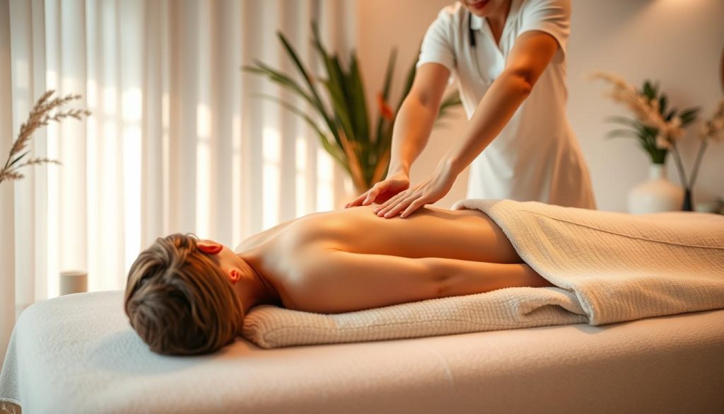 A serene massage studio with soft lighting and calming tones. The therapist's skilled hands kneading and manipulating muscles, promoting relaxation and healing. The client lies peacefully on a plush massage table, surrounded by soothing botanical elements and a tranquil atmosphere. The scene evokes a sense of rejuvenation and well-being, showcasing the benefits of medical massage for alleviating muscle tension and discomfort. A serene massage studio with soft lighting and calming tones. The therapist's skilled hands kneading and manipulating muscles, promoting relaxation and healing. The client lies peacefully on a plush massage table, surrounded by soothing botanical elements and a tranquil atmosphere. The scene evokes a sense of rejuvenation and well-being, showcasing the benefits of medical massage for alleviating muscle tension and discomfort.