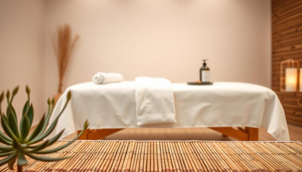 A serene massage studio with soft lighting, calming natural tones, and a relaxing atmosphere. In the foreground, a delicate succulent plant and a bamboo mat set the tranquil scene. The middle ground features a massage table draped in plush white linens, with a bottle of massage oil and a towel placed neatly beside it. The background showcases a minimalist wall with a wooden accent, creating a harmonious and rejuvenating environment. The overall composition conveys the benefits of massage for healthy living, promoting a sense of balance, well-being, and stress relief. A serene massage studio with soft lighting, calming natural tones, and a relaxing atmosphere. In the foreground, a delicate succulent plant and a bamboo mat set the tranquil scene. The middle ground features a massage table draped in plush white linens, with a bottle of massage oil and a towel placed neatly beside it. The background showcases a minimalist wall with a wooden accent, creating a harmonious and rejuvenating environment. The overall composition conveys the benefits of massage for healthy living, promoting a sense of balance, well-being, and stress relief.
