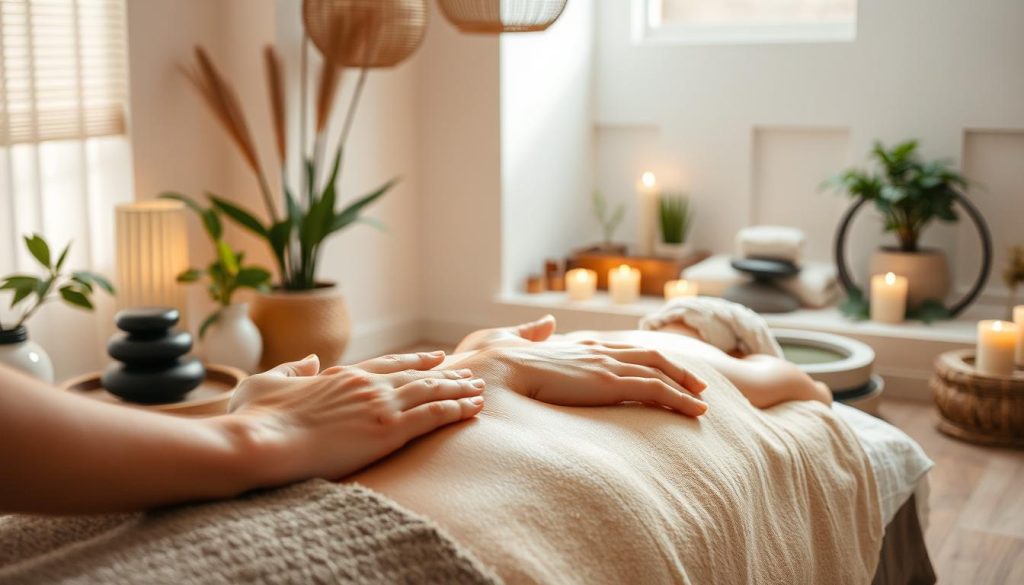 A serene massage studio with soft lighting, natural materials, and soothing decor. In the foreground, a massage therapist's hands expertly manipulate the muscles of a client, creating a tranquil, restorative experience. The middle ground features various massage tools and techniques, such as heated stones, aromatherapy oils, and long, flowing strokes. The background showcases a peaceful, zen-like ambiance with potted plants, candles, and a calming water feature. The overall scene evokes a sense of relaxation, rejuvenation, and a deep connection between the body and mind. A serene massage studio with soft lighting, natural materials, and soothing decor. In the foreground, a massage therapist's hands expertly manipulate the muscles of a client, creating a tranquil, restorative experience. The middle ground features various massage tools and techniques, such as heated stones, aromatherapy oils, and long, flowing strokes. The background showcases a peaceful, zen-like ambiance with potted plants, candles, and a calming water feature. The overall scene evokes a sense of relaxation, rejuvenation, and a deep connection between the body and mind.