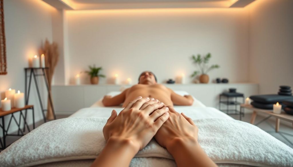 A serene massage studio with soft lighting, plush massage tables, and soothing aromatherapy candles. In the foreground, hands gently kneading tense muscles, promoting relaxation and improved blood circulation. The middle ground showcases a tranquil scene of a person receiving a therapeutic massage, their expression one of calm and rejuvenation. The background features a minimalist, spa-like environment with natural elements like potted plants and river stones, evoking a sense of balance and harmony. The overall atmosphere conveys the restorative and wellness-focused benefits of massage therapy. A serene massage studio with soft lighting, plush massage tables, and soothing aromatherapy candles. In the foreground, hands gently kneading tense muscles, promoting relaxation and improved blood circulation. The middle ground showcases a tranquil scene of a person receiving a therapeutic massage, their expression one of calm and rejuvenation. The background features a minimalist, spa-like environment with natural elements like potted plants and river stones, evoking a sense of balance and harmony. The overall atmosphere conveys the restorative and wellness-focused benefits of massage therapy.