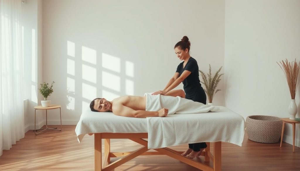 A serene massage studio with soft lighting, wooden floors, and minimalist decor. In the center, a massage therapist's skilled hands gently knead the muscles of a client on a plush massage table, their body fully relaxed. Calming aromatherapy fills the air, and soothing background music plays. The scene exudes a sense of tranquility and healing, capturing the therapeutic nature of the massage experience. A serene massage studio with soft lighting, wooden floors, and minimalist decor. In the center, a massage therapist's skilled hands gently knead the muscles of a client on a plush massage table, their body fully relaxed. Calming aromatherapy fills the air, and soothing background music plays. The scene exudes a sense of tranquility and healing, capturing the therapeutic nature of the massage experience.