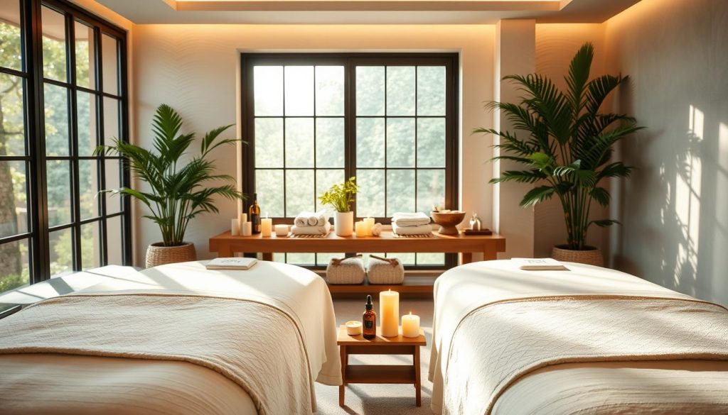 A serene massage studio with soft, natural lighting filtering in through large windows. Plush massage tables in the foreground, adorned with crisp, white linens. In the middle ground, an array of essential oils and aromatherapy candles, creating a calming, spa-like ambiance. The background features soothing wall textures and potted plants, exuding a sense of tranquility. The entire scene conveys a high-end, relaxing atmosphere perfect for a luxurious massage experience. A serene massage studio with soft, natural lighting filtering in through large windows. Plush massage tables in the foreground, adorned with crisp, white linens. In the middle ground, an array of essential oils and aromatherapy candles, creating a calming, spa-like ambiance. The background features soothing wall textures and potted plants, exuding a sense of tranquility. The entire scene conveys a high-end, relaxing atmosphere perfect for a luxurious massage experience.