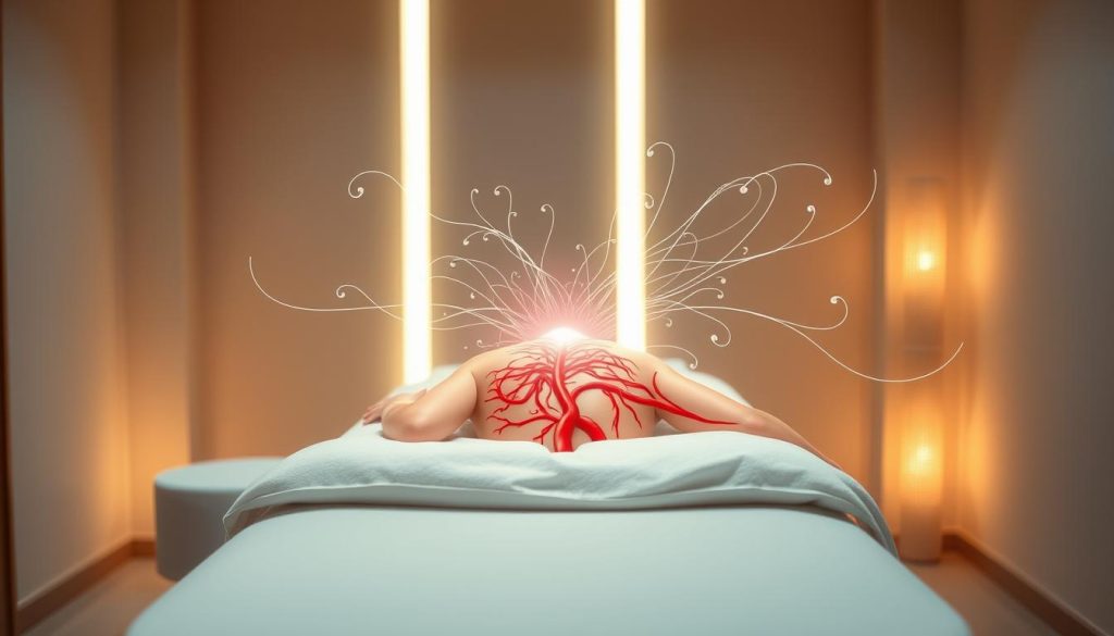 A serene massage studio with soft, warm lighting illuminating the scene. On a padded massage table, a detailed anatomical illustration showcases the intricate circulatory system, highlighting the flow of blood through the body. Wispy tendrils of energy radiate outward, symbolizing the invisible yet profound effects of the massage therapy. The background is a soothing, neutral palette, allowing the central focus to be the interconnectedness of the physical and energetic realms. The composition is balanced, with clean lines and a sense of tranquility, inviting the viewer to experience the restorative power of this alternative healing modality. A serene massage studio with soft, warm lighting illuminating the scene. On a padded massage table, a detailed anatomical illustration showcases the intricate circulatory system, highlighting the flow of blood through the body. Wispy tendrils of energy radiate outward, symbolizing the invisible yet profound effects of the massage therapy. The background is a soothing, neutral palette, allowing the central focus to be the interconnectedness of the physical and energetic realms. The composition is balanced, with clean lines and a sense of tranquility, inviting the viewer to experience the restorative power of this alternative healing modality.