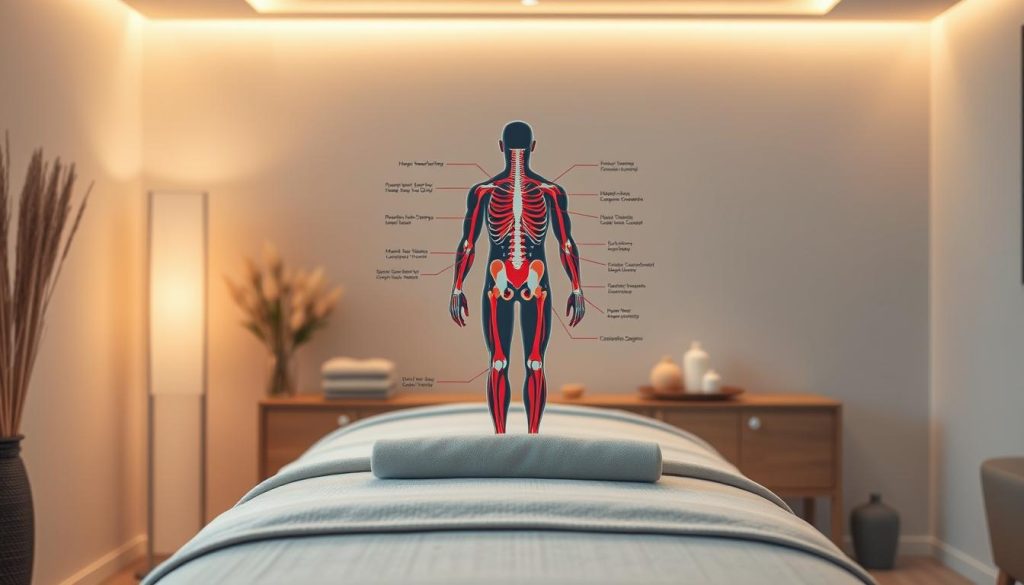 A serene massage studio with warm lighting and soothing tones. On a padded treatment table, a detailed anatomical diagram of the human body hovers, highlighting the key muscle groups and pressure points targeted by a medical massage. The scene exudes a calming, therapeutic atmosphere, inviting the viewer to imagine the potential benefits of this specialized massage technique. Soft natural textures, muted colors, and a sense of balance create a visually harmonious composition that evokes the holistic approach of medical massage. A serene massage studio with warm lighting and soothing tones. On a padded treatment table, a detailed anatomical diagram of the human body hovers, highlighting the key muscle groups and pressure points targeted by a medical massage. The scene exudes a calming, therapeutic atmosphere, inviting the viewer to imagine the potential benefits of this specialized massage technique. Soft natural textures, muted colors, and a sense of balance create a visually harmonious composition that evokes the holistic approach of medical massage.