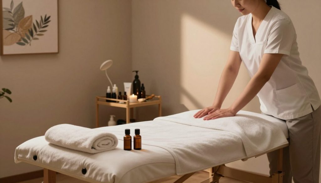 A serene massage therapy room featuring a deep tissue massage setup. In the foreground, a professional massage table is elegantly arranged with a plush towel and aromatherapy oils. The middle ground showcases soft, diffused lighting, creating a calming atmosphere, with gentle shadows cast across the room. The background features soothing wall colors, subtle artwork of nature, and a selection of relaxing music in a corner. A shelf holds well-organized tools and creams used for deep tissue techniques. The overall mood is tranquil and inviting, emphasizing professionalism and relaxation, ideal for illustrating the nuanced differences between massage therapists and masseuses in a comprehensive and informative manner. A serene massage therapy room featuring a deep tissue massage setup. In the foreground, a professional massage table is elegantly arranged with a plush towel and aromatherapy oils. The middle ground showcases soft, diffused lighting, creating a calming atmosphere, with gentle shadows cast across the room. The background features soothing wall colors, subtle artwork of nature, and a selection of relaxing music in a corner. A shelf holds well-organized tools and creams used for deep tissue techniques. The overall mood is tranquil and inviting, emphasizing professionalism and relaxation, ideal for illustrating the nuanced differences between massage therapists and masseuses in a comprehensive and informative manner.