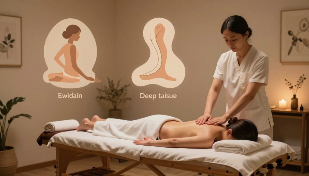 A serene massage therapy room showcasing various massage techniques. In the foreground, a wooden massage table is elegantly set with soft towels and aromatherapy oils. The middle ground features visual representations of different massage techniques, such as Swedish, deep tissue, and reflexology, illustrated through abstract shapes and gentle lines, symbolizing each technique's flow and movement. The background contains soft ambient lighting, with warm tones creating a calming atmosphere. Decorative elements like plants and calming artwork enhance the tranquil feel. The overall mood is peaceful and therapeutic, reflecting the essence of massage therapy for alleviating back pain. Delicate shadows and soft highlights should emphasize the soothing nature of the space. A serene massage therapy room showcasing various massage techniques. In the foreground, a wooden massage table is elegantly set with soft towels and aromatherapy oils. The middle ground features visual representations of different massage techniques, such as Swedish, deep tissue, and reflexology, illustrated through abstract shapes and gentle lines, symbolizing each technique's flow and movement. The background contains soft ambient lighting, with warm tones creating a calming atmosphere. Decorative elements like plants and calming artwork enhance the tranquil feel. The overall mood is peaceful and therapeutic, reflecting the essence of massage therapy for alleviating back pain. Delicate shadows and soft highlights should emphasize the soothing nature of the space.