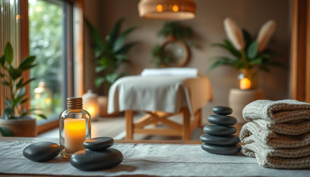 A serene massage therapy scene, captured in a warm, intimate setting. The foreground features a tranquil arrangement of essential oil diffusers, smooth river stones, and plush towels, creating a soothing ambiance. In the middle ground, a well-equipped massage table stands, inviting the viewer to imagine the restorative experience. The background showcases a harmonious blend of natural elements, such as lush foliage and calming natural light, emphasizing the physical and mental benefits of massage therapy. The overall composition exudes a sense of balance, relaxation, and a holistic approach to well-being. A serene massage therapy scene, captured in a warm, intimate setting. The foreground features a tranquil arrangement of essential oil diffusers, smooth river stones, and plush towels, creating a soothing ambiance. In the middle ground, a well-equipped massage table stands, inviting the viewer to imagine the restorative experience. The background showcases a harmonious blend of natural elements, such as lush foliage and calming natural light, emphasizing the physical and mental benefits of massage therapy. The overall composition exudes a sense of balance, relaxation, and a holistic approach to well-being.