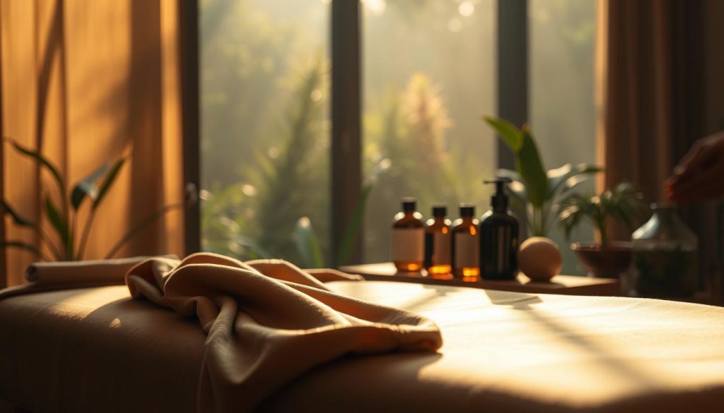 A serene massage therapy scene set in a tranquil, dimly-lit room. The foreground features soft, flowing fabrics in earthy tones, gently draped over a massage table. Subtle lighting casts a warm, calming glow, casting shadows that accentuate the table's smooth, organic lines. In the middle ground, an array of massage oils and lotions in amber glass bottles stand ready, their contents glimmering subtly. The background is hazy, with hints of lush greenery and natural textures, evoking a sense of natural harmony and balance. The overall atmosphere is one of relaxation, rejuvenation, and the gentle, therapeutic effects of professional massage. A serene massage therapy scene set in a tranquil, dimly-lit room. The foreground features soft, flowing fabrics in earthy tones, gently draped over a massage table. Subtle lighting casts a warm, calming glow, casting shadows that accentuate the table's smooth, organic lines. In the middle ground, an array of massage oils and lotions in amber glass bottles stand ready, their contents glimmering subtly. The background is hazy, with hints of lush greenery and natural textures, evoking a sense of natural harmony and balance. The overall atmosphere is one of relaxation, rejuvenation, and the gentle, therapeutic effects of professional massage.