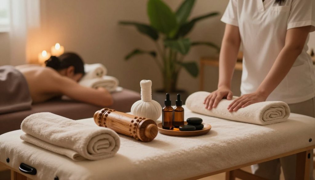 A serene massage therapy scene showcasing various massage techniques and applications. In the foreground, an elegant wooden massage table is set, adorned with soft towels and aromatherapy oils. In the middle, several massage tools like wooden rollers, stones, and essential oil dispensers are artfully displayed, emphasizing relaxation and wellness. The background features a calming spa ambiance with gentle lighting, soft ambient colors, and lush green plants that enhance the tranquil atmosphere. The scene should convey a sense of comfort and relaxation, inviting viewers into a peaceful retreat. The lighting is warm and soft, creating a soothing mood suggestive of a professional massage environment. A serene massage therapy scene showcasing various massage techniques and applications. In the foreground, an elegant wooden massage table is set, adorned with soft towels and aromatherapy oils. In the middle, several massage tools like wooden rollers, stones, and essential oil dispensers are artfully displayed, emphasizing relaxation and wellness. The background features a calming spa ambiance with gentle lighting, soft ambient colors, and lush green plants that enhance the tranquil atmosphere. The scene should convey a sense of comfort and relaxation, inviting viewers into a peaceful retreat. The lighting is warm and soft, creating a soothing mood suggestive of a professional massage environment.
