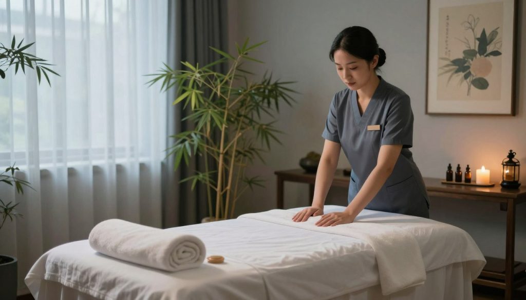A serene massage therapy setting designed for professionals. In the foreground, a beautifully arranged massage table draped with crisp white linens, surrounded by calming elements like soft towels, aromatic oils, and a lit candle releasing gentle light. In the middle ground, there is a stylish, serene room with bamboo plants and soft, natural light filtering through sheer curtains, creating a warm atmosphere. The background features an elegant wall with soothing artwork, reflecting tranquility. The overall color scheme is a blend of soft blues and earthy tones, evoking relaxation. The image should convey a professional and inviting ambiance ideal for selecting a massage service. The lighting is soft and warm, enhancing the tranquil mood, captured with a slightly elevated perspective to showcase the entire room layout harmoniously. A serene massage therapy setting designed for professionals. In the foreground, a beautifully arranged massage table draped with crisp white linens, surrounded by calming elements like soft towels, aromatic oils, and a lit candle releasing gentle light. In the middle ground, there is a stylish, serene room with bamboo plants and soft, natural light filtering through sheer curtains, creating a warm atmosphere. The background features an elegant wall with soothing artwork, reflecting tranquility. The overall color scheme is a blend of soft blues and earthy tones, evoking relaxation. The image should convey a professional and inviting ambiance ideal for selecting a massage service. The lighting is soft and warm, enhancing the tranquil mood, captured with a slightly elevated perspective to showcase the entire room layout harmoniously.