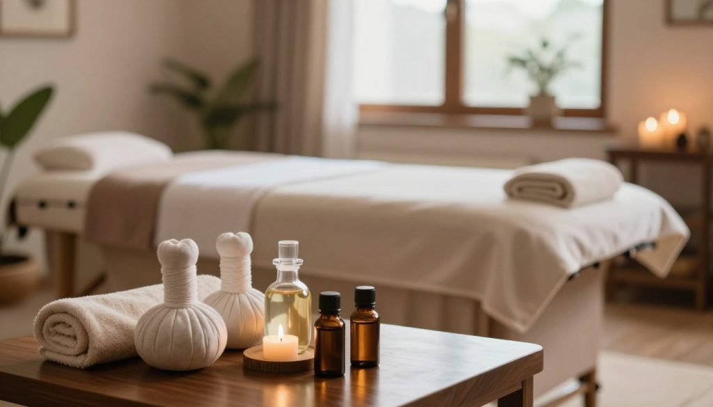 A serene massage therapy setting in Istanbul, featuring a luxurious massage room with calming colors. The foreground includes elegantly arranged massage oils and essential oils on a polished wooden table, surrounded by fresh towels. In the middle, there is a plush massage table adorned with soft linens and surrounded by soothing elements like candles and plants. The background displays a window with soft, natural light streaming in, illuminating the space, creating a tranquil atmosphere. The overall mood is peaceful and inviting, suggesting a professional and relaxing massage experience. The lighting is soft and warm, enhancing the comfort of the room's ambiance. A serene massage therapy setting in Istanbul, featuring a luxurious massage room with calming colors. The foreground includes elegantly arranged massage oils and essential oils on a polished wooden table, surrounded by fresh towels. In the middle, there is a plush massage table adorned with soft linens and surrounded by soothing elements like candles and plants. The background displays a window with soft, natural light streaming in, illuminating the space, creating a tranquil atmosphere. The overall mood is peaceful and inviting, suggesting a professional and relaxing massage experience. The lighting is soft and warm, enhancing the comfort of the room's ambiance.
