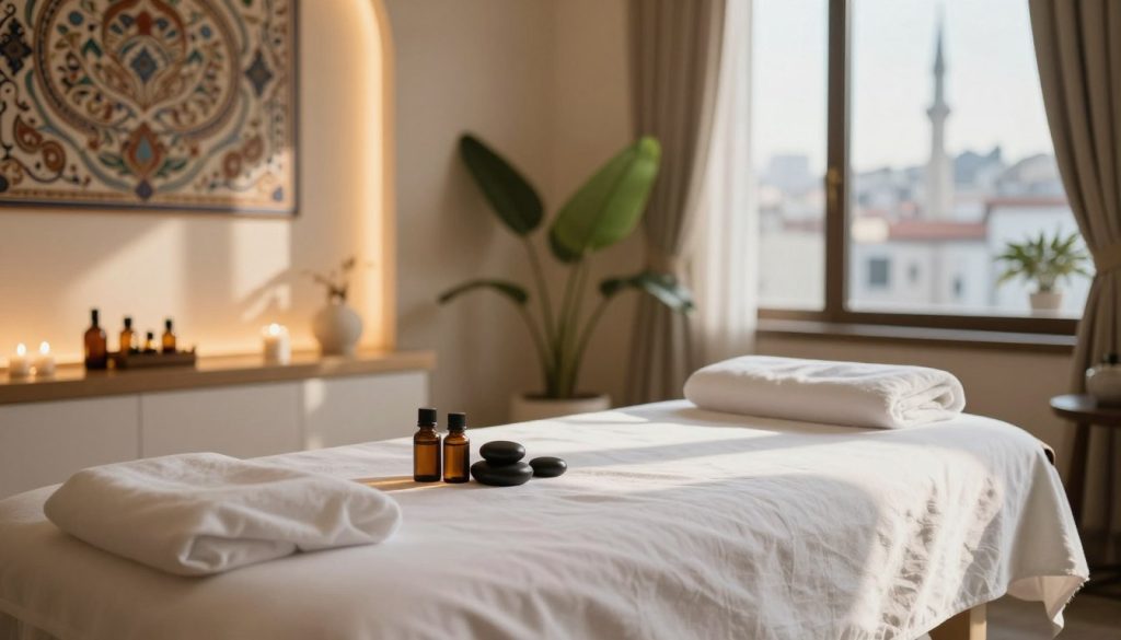 A serene massage therapy setting in a luxurious Istanbul spa. Foreground: a plush massage table with a white sheet, a few essential oils and stones arranged neatly beside it. Middle ground: a softly lit room featuring elegant decor with subtle hints of Turkish artistry, such as ornate patterns on the walls and tranquil plants. Background: large windows allowing natural light to filter in, revealing a glimpse of the bustling city outside, contrasting the calm interior. The atmosphere is peaceful and inviting, with a focus on relaxation and wellness. Warm lighting creates a soothing ambiance, and soft shadows play across the space, highlighting the tranquil environment. A serene massage therapy setting in a luxurious Istanbul spa. Foreground: a plush massage table with a white sheet, a few essential oils and stones arranged neatly beside it. Middle ground: a softly lit room featuring elegant decor with subtle hints of Turkish artistry, such as ornate patterns on the walls and tranquil plants. Background: large windows allowing natural light to filter in, revealing a glimpse of the bustling city outside, contrasting the calm interior. The atmosphere is peaceful and inviting, with a focus on relaxation and wellness. Warm lighting creates a soothing ambiance, and soft shadows play across the space, highlighting the tranquil environment.