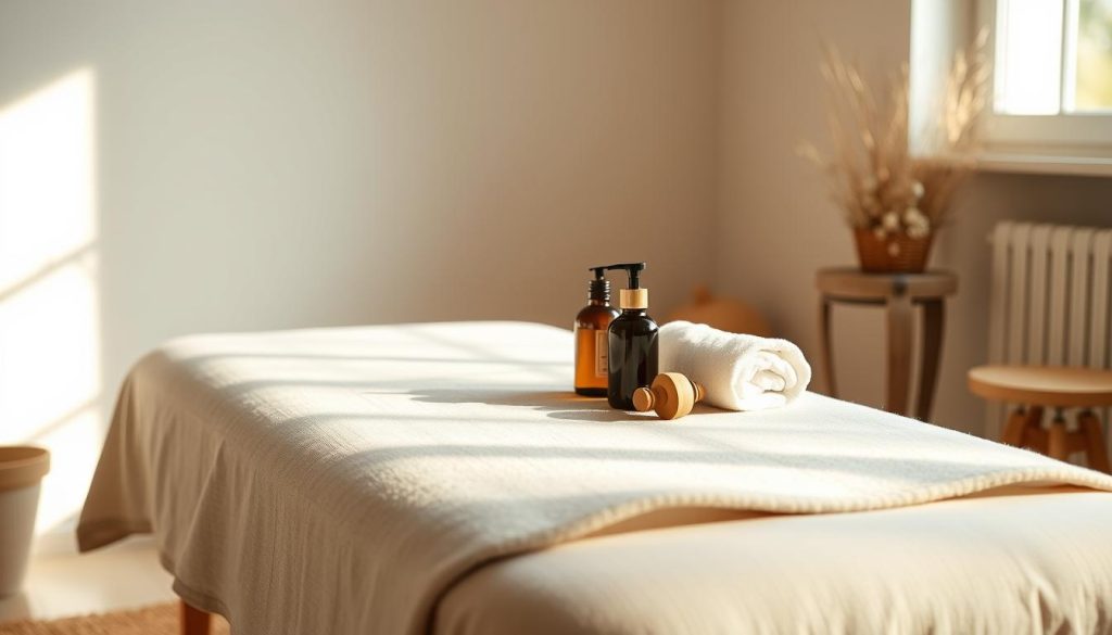 A serene, minimalist home setting with a cozy massage table in the foreground, surrounded by soft natural lighting and soothing colors. Plush, textured linens and a few essential massage tools, such as oil bottles and a kneading tool, are neatly arranged on the table, conveying a sense of tranquility and self-care. The background features a simple, uncluttered space with muted tones, hinting at a peaceful, restorative atmosphere ideal for practicing relaxing massage techniques at home. A serene, minimalist home setting with a cozy massage table in the foreground, surrounded by soft natural lighting and soothing colors. Plush, textured linens and a few essential massage tools, such as oil bottles and a kneading tool, are neatly arranged on the table, conveying a sense of tranquility and self-care. The background features a simple, uncluttered space with muted tones, hinting at a peaceful, restorative atmosphere ideal for practicing relaxing massage techniques at home.
