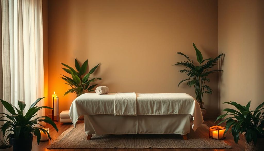 A serene, minimalist scene of physical and mental relaxation. A cozy, dimly lit room bathed in warm, soft lighting. A plush, inviting massage table sits in the center, draped with clean, crisp linens. Lush, verdant plants adorn the periphery, their foliage gently swaying. Candles flicker, casting a tranquil, soothing glow. Calming, instrumental music fills the air, inviting deep breaths and tension release. The atmosphere is one of profound peace and rejuvenation, a haven for the senses and the soul. A serene, minimalist scene of physical and mental relaxation. A cozy, dimly lit room bathed in warm, soft lighting. A plush, inviting massage table sits in the center, draped with clean, crisp linens. Lush, verdant plants adorn the periphery, their foliage gently swaying. Candles flicker, casting a tranquil, soothing glow. Calming, instrumental music fills the air, inviting deep breaths and tension release. The atmosphere is one of profound peace and rejuvenation, a haven for the senses and the soul.