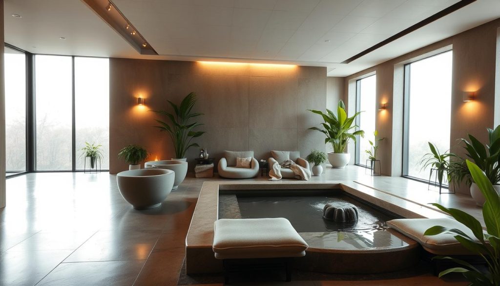 A serene, minimalist spa interior with natural elements. Warm lighting filters through large windows, casting a soft glow on smooth stone surfaces and plush textiles. Sleek, modern furniture in muted tones complements the earthy, calming atmosphere. Lush, verdant plants add pops of vibrant green, while a tranquil water feature creates a soothing ambiance. The space exudes an air of luxurious relaxation, inviting visitors to unwind and indulge in a rejuvenating spa experience. A serene, minimalist spa interior with natural elements. Warm lighting filters through large windows, casting a soft glow on smooth stone surfaces and plush textiles. Sleek, modern furniture in muted tones complements the earthy, calming atmosphere. Lush, verdant plants add pops of vibrant green, while a tranquil water feature creates a soothing ambiance. The space exudes an air of luxurious relaxation, inviting visitors to unwind and indulge in a rejuvenating spa experience.