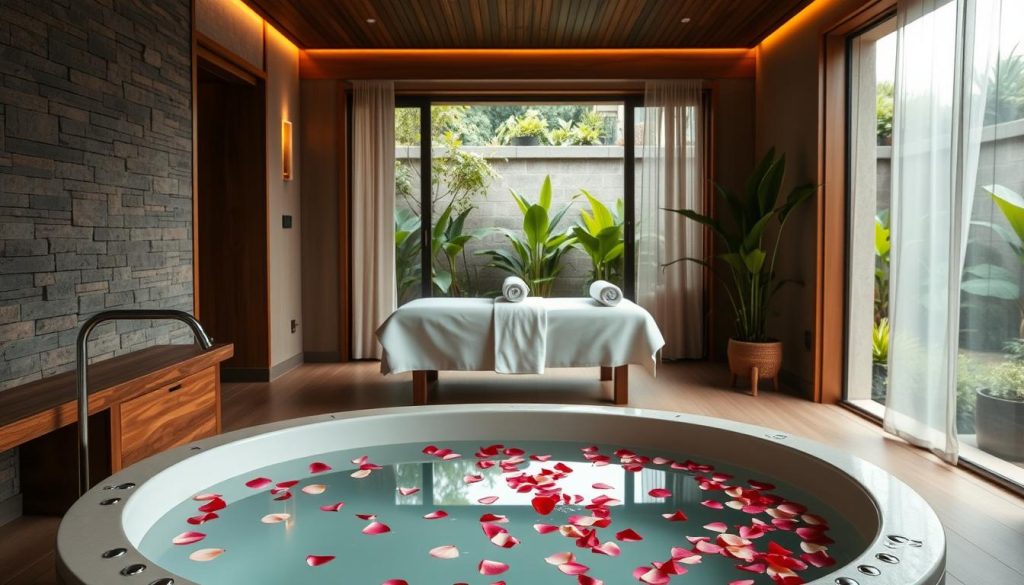 A serene, minimalist spa sanctuary with natural stone walls, wooden accents, and soft lighting. In the foreground, a luxurious, oversized bathtub filled with fragrant water and rose petals, inviting a tranquil moment of relaxation. The middle ground features a massage table draped in crisp, white linens, signifying the holistic wellness experience. In the background, a large window frames a lush, verdant garden, creating a seamless connection between the indoor and outdoor spaces. The overall atmosphere exudes a sense of balance, rejuvenation, and the perfect harmony of body and mind. A serene, minimalist spa sanctuary with natural stone walls, wooden accents, and soft lighting. In the foreground, a luxurious, oversized bathtub filled with fragrant water and rose petals, inviting a tranquil moment of relaxation. The middle ground features a massage table draped in crisp, white linens, signifying the holistic wellness experience. In the background, a large window frames a lush, verdant garden, creating a seamless connection between the indoor and outdoor spaces. The overall atmosphere exudes a sense of balance, rejuvenation, and the perfect harmony of body and mind.