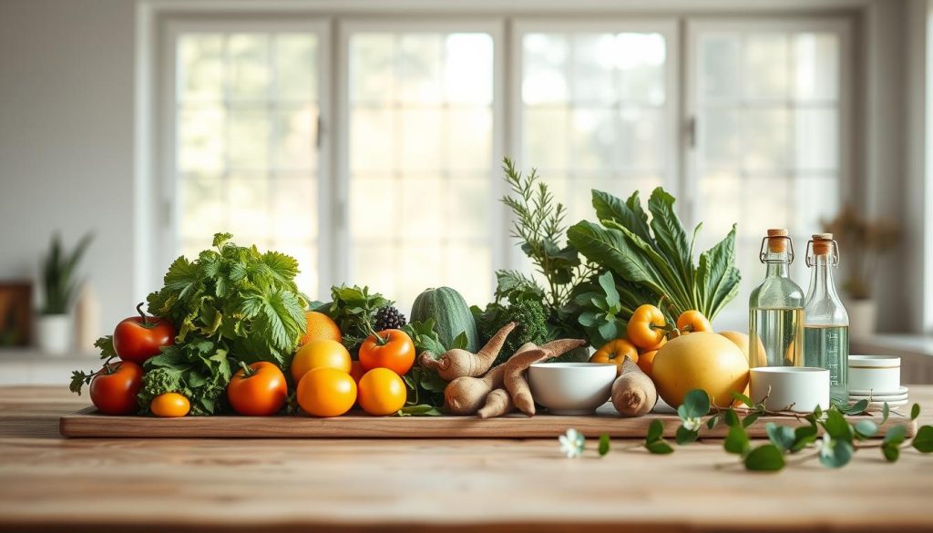 A serene, minimalist still life showcasing healthy living tips. A wooden table holds a variety of fresh produce - crisp greens, vibrant fruits, and hearty roots. Soft, natural lighting filters through large windows, casting a warm glow. Subtle glass bottles and ceramics accent the scene, conveying a sense of wellness and tranquility. The background is blurred, allowing the natural elements to take center stage. The overall composition is balanced and calming, inspiring mindfulness and a holistic approach to self-care. A serene, minimalist still life showcasing healthy living tips. A wooden table holds a variety of fresh produce - crisp greens, vibrant fruits, and hearty roots. Soft, natural lighting filters through large windows, casting a warm glow. Subtle glass bottles and ceramics accent the scene, conveying a sense of wellness and tranquility. The background is blurred, allowing the natural elements to take center stage. The overall composition is balanced and calming, inspiring mindfulness and a holistic approach to self-care.