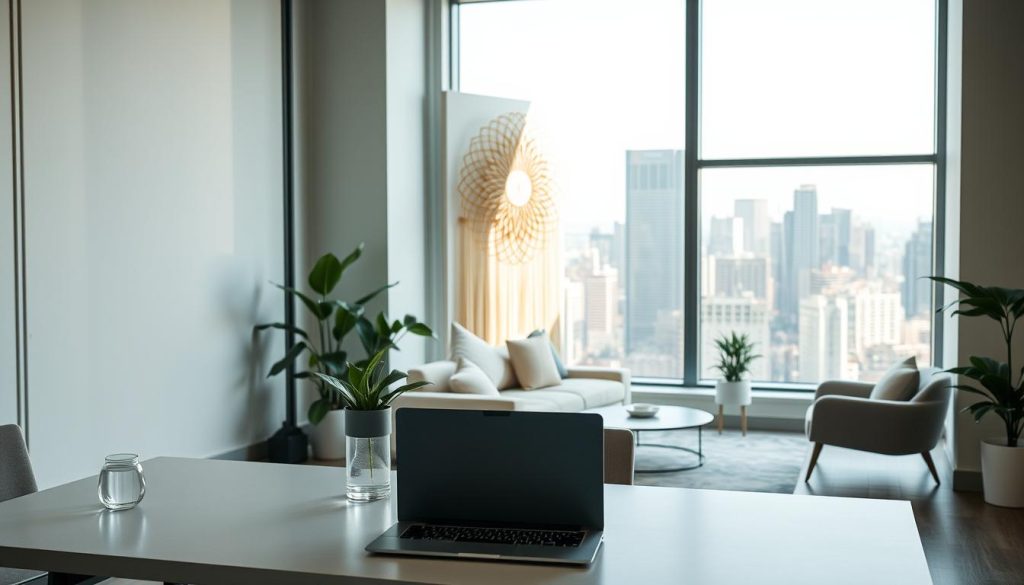 A serene, modern office space with ample natural light and a calming color palette. In the foreground, a sleek, minimalist desk with a laptop, a potted plant, and a glass of water. The middle ground features a comfortable lounge area with plush seating and a large window overlooking a bustling city skyline. The background showcases a contemporary wellness-themed art piece, such as a sculptural installation or a geometric wall hanging, creating a soothing, zen-like atmosphere. The lighting is soft and diffused, casting a warm glow throughout the scene. The overall impression is one of balance, productivity, and mindful well-being in the heart of a dynamic urban landscape. A serene, modern office space with ample natural light and a calming color palette. In the foreground, a sleek, minimalist desk with a laptop, a potted plant, and a glass of water. The middle ground features a comfortable lounge area with plush seating and a large window overlooking a bustling city skyline. The background showcases a contemporary wellness-themed art piece, such as a sculptural installation or a geometric wall hanging, creating a soothing, zen-like atmosphere. The lighting is soft and diffused, casting a warm glow throughout the scene. The overall impression is one of balance, productivity, and mindful well-being in the heart of a dynamic urban landscape.