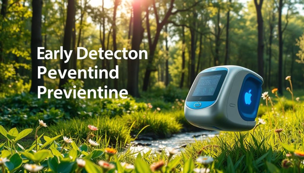 A serene, nature-inspired scene showcasing early detection and preventive measures. A lush forest backdrop, with sunlight filtering through the canopy, casts a warm glow on a vibrant meadow. In the foreground, a variety of leafy plants and flowers symbolize the resilience of health, while a flowing stream represents the continuous flow of wellness. In the middle ground, a sleek, modern medical device, rendered in shades of silver and blue, suggests the integration of technology in preventive care. The overall composition conveys a sense of harmony between nature, technology, and personal wellbeing, highlighting the importance of proactive health management. A serene, nature-inspired scene showcasing early detection and preventive measures. A lush forest backdrop, with sunlight filtering through the canopy, casts a warm glow on a vibrant meadow. In the foreground, a variety of leafy plants and flowers symbolize the resilience of health, while a flowing stream represents the continuous flow of wellness. In the middle ground, a sleek, modern medical device, rendered in shades of silver and blue, suggests the integration of technology in preventive care. The overall composition conveys a sense of harmony between nature, technology, and personal wellbeing, highlighting the importance of proactive health management.