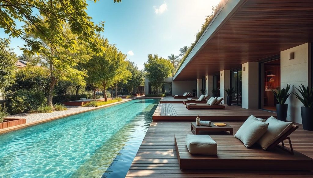A serene oasis of wellness nestled in the heart of Istanbul's Anatolian side, Anadolu Yakası exudes a calming aura. Sunlight filters through lush greenery, casting a soft glow on the modern, minimalist architecture. A tranquil pond reflects the azure sky, its surface rippling gently. Wooden decks and cozy seating areas invite visitors to unwind, while the scent of fragrant herbs and essential oils permeates the air. Sleek, contemporary spa facilities offer holistic treatments, promoting a sense of balance and rejuvenation. The overall atmosphere is one of harmony, where the urban landscape seamlessly integrates with the restorative power of nature, creating a haven for wellness in the bustling city. A serene oasis of wellness nestled in the heart of Istanbul's Anatolian side, Anadolu Yakası exudes a calming aura. Sunlight filters through lush greenery, casting a soft glow on the modern, minimalist architecture. A tranquil pond reflects the azure sky, its surface rippling gently. Wooden decks and cozy seating areas invite visitors to unwind, while the scent of fragrant herbs and essential oils permeates the air. Sleek, contemporary spa facilities offer holistic treatments, promoting a sense of balance and rejuvenation. The overall atmosphere is one of harmony, where the urban landscape seamlessly integrates with the restorative power of nature, creating a haven for wellness in the bustling city.