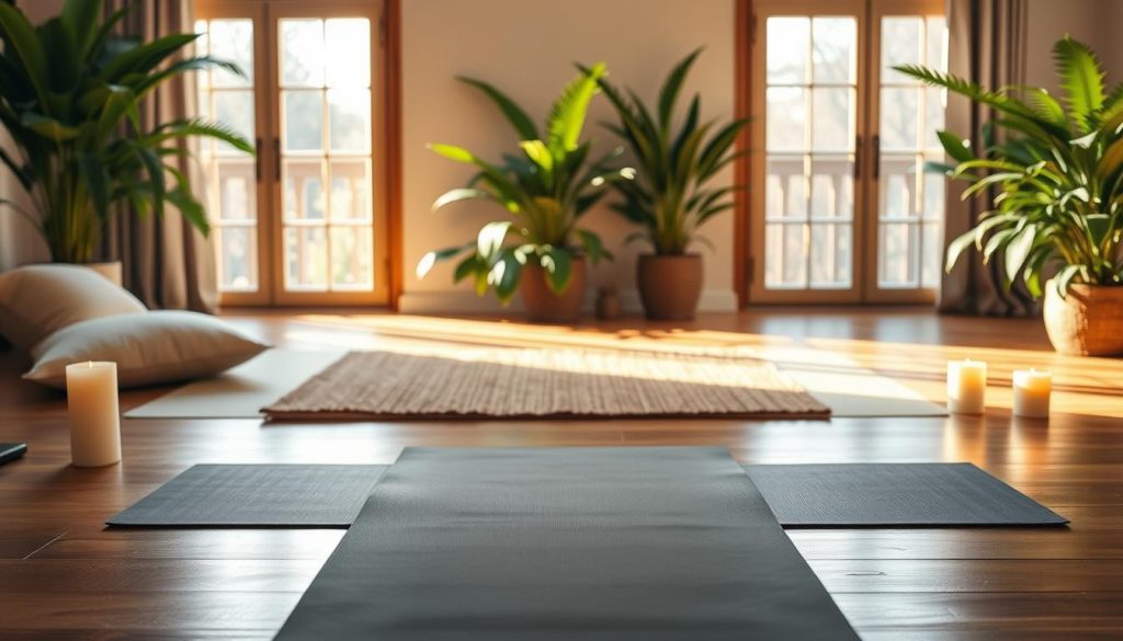 A serene scene depicting a tranquil environment ideal for breathing exercises and meditation. In the foreground, a yoga mat is neatly laid out, surrounded by a few soft cushions and scented candles softly glowing. The middle layer features a peaceful indoor space with large windows allowing natural light to filter in, casting gentle shadows on the wooden floor. In the background, lush green plants create a calming atmosphere, enhancing the sense of tranquility. The lighting is warm and soft, evoking a sense of peace and focus. The overall mood conveys relaxation, mindfulness, and the integration of breath exercises into a delightful morning ritual, perfect for starting the day with clarity and calmness. A serene scene depicting a tranquil environment ideal for breathing exercises and meditation. In the foreground, a yoga mat is neatly laid out, surrounded by a few soft cushions and scented candles softly glowing. The middle layer features a peaceful indoor space with large windows allowing natural light to filter in, casting gentle shadows on the wooden floor. In the background, lush green plants create a calming atmosphere, enhancing the sense of tranquility. The lighting is warm and soft, evoking a sense of peace and focus. The overall mood conveys relaxation, mindfulness, and the integration of breath exercises into a delightful morning ritual, perfect for starting the day with clarity and calmness.