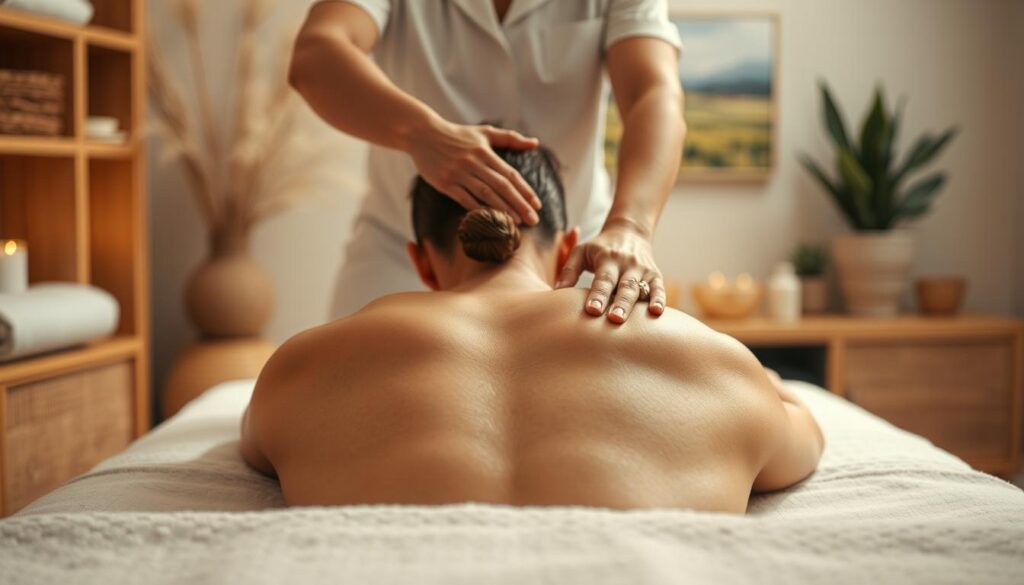 A serene scene of a Swedish massage session, captured in a warm, cozy setting. The massage therapist's skilled hands gently glide over the client's back, applying soothing, rhythmic strokes. The room is bathed in soft, diffused lighting, creating a calming ambiance. Subtle hues of beige and muted greens set the tone, with natural wood accents adding a touch of rustic elegance. In the background, a tranquil landscape painting or potted plants enhance the peaceful atmosphere. The client's face is not visible, allowing the focus to remain on the therapeutic experience. The overall composition conveys a sense of deep relaxation and rejuvenation, perfectly capturing the essence of the classic Swedish massage technique. A serene scene of a Swedish massage session, captured in a warm, cozy setting. The massage therapist's skilled hands gently glide over the client's back, applying soothing, rhythmic strokes. The room is bathed in soft, diffused lighting, creating a calming ambiance. Subtle hues of beige and muted greens set the tone, with natural wood accents adding a touch of rustic elegance. In the background, a tranquil landscape painting or potted plants enhance the peaceful atmosphere. The client's face is not visible, allowing the focus to remain on the therapeutic experience. The overall composition conveys a sense of deep relaxation and rejuvenation, perfectly capturing the essence of the classic Swedish massage technique.