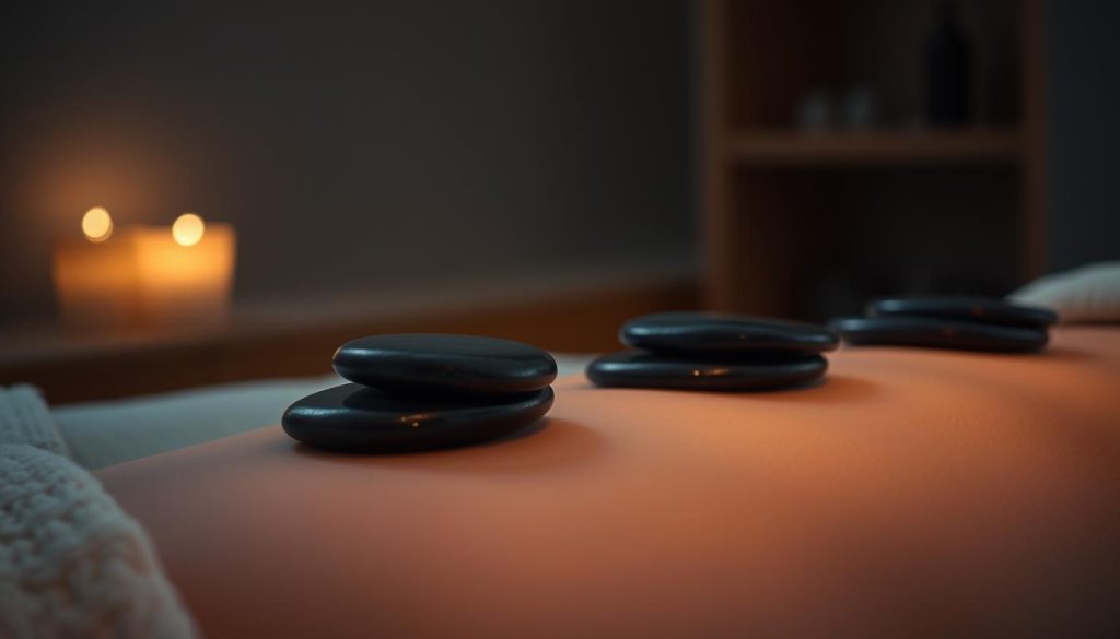 A serene scene of a dimly lit massage studio, with soft lighting emanating from the smooth, heated river stones placed delicately on a client's back. The stones, glistening with a subtle sheen, are arranged in a harmonious pattern, radiating warmth and tranquility. The background is subdued, allowing the focal point of the heated stone therapy to take center stage. The overall atmosphere is one of deep relaxation and rejuvenation, perfectly capturing the essence of this classic massage technique and its restorative effects on the body and mind. A serene scene of a dimly lit massage studio, with soft lighting emanating from the smooth, heated river stones placed delicately on a client's back. The stones, glistening with a subtle sheen, are arranged in a harmonious pattern, radiating warmth and tranquility. The background is subdued, allowing the focal point of the heated stone therapy to take center stage. The overall atmosphere is one of deep relaxation and rejuvenation, perfectly capturing the essence of this classic massage technique and its restorative effects on the body and mind.