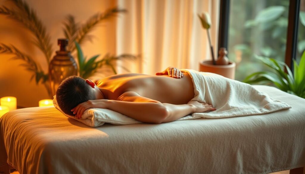 A serene scene of a relaxing massage therapy session. The client rests comfortably on a plush massage table, their muscles gently kneaded by the skilled hands of a masseuse. Warm, diffused lighting creates a soothing ambiance, casting a soft glow on the tranquil setting. In the background, lush greenery and natural elements evoke a sense of harmony and wellbeing. The scene exudes a calming, restorative atmosphere, capturing the essence of the health benefits of massage. A serene scene of a relaxing massage therapy session. The client rests comfortably on a plush massage table, their muscles gently kneaded by the skilled hands of a masseuse. Warm, diffused lighting creates a soothing ambiance, casting a soft glow on the tranquil setting. In the background, lush greenery and natural elements evoke a sense of harmony and wellbeing. The scene exudes a calming, restorative atmosphere, capturing the essence of the health benefits of massage.