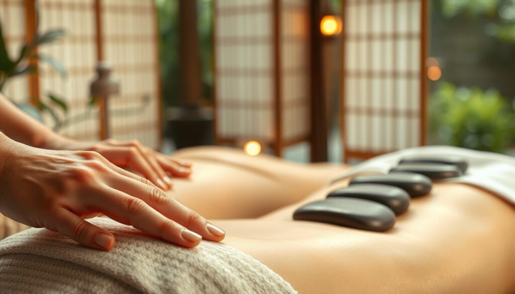 A serene scene showcasing an array of massage techniques. In the foreground, a delicate shiatsu massage with nimble fingers applying focused pressure along the meridians. In the middle ground, soothing strokes of a hot stone massage, the warm stones radiating a calming glow. Tranquil background of a zen garden, with soft lighting filtering through paper screens, creating a tranquil, restorative ambiance. Capture the harmony of diverse massage modalities, each with its own unique benefits for physical and mental wellbeing. A serene scene showcasing an array of massage techniques. In the foreground, a delicate shiatsu massage with nimble fingers applying focused pressure along the meridians. In the middle ground, soothing strokes of a hot stone massage, the warm stones radiating a calming glow. Tranquil background of a zen garden, with soft lighting filtering through paper screens, creating a tranquil, restorative ambiance. Capture the harmony of diverse massage modalities, each with its own unique benefits for physical and mental wellbeing.