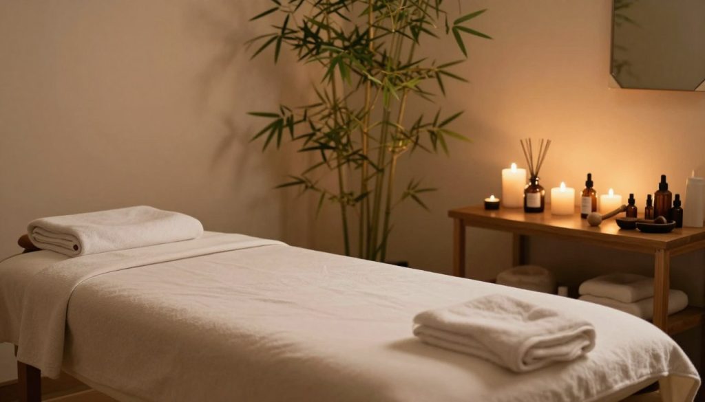A serene spa environment featuring a beautifully arranged massage room dedicated to deep tissue massage (derin doku masajı). In the foreground, a luxurious massage table is set with soft, neutral-toned linens. Various professional massage oils and tools are neatly laid out on a nearby wooden shelf. In the middle ground, calming candles and essential oil diffusers create a tranquil atmosphere, emitting soft, warm light. The background showcases elegant bamboo plants and soft ambient lighting, enhancing the soothing vibe of the space. The composition is shot from a low angle perspective, emphasizing the comforting and inviting nature of the room while maintaining a peaceful, relaxing mood.