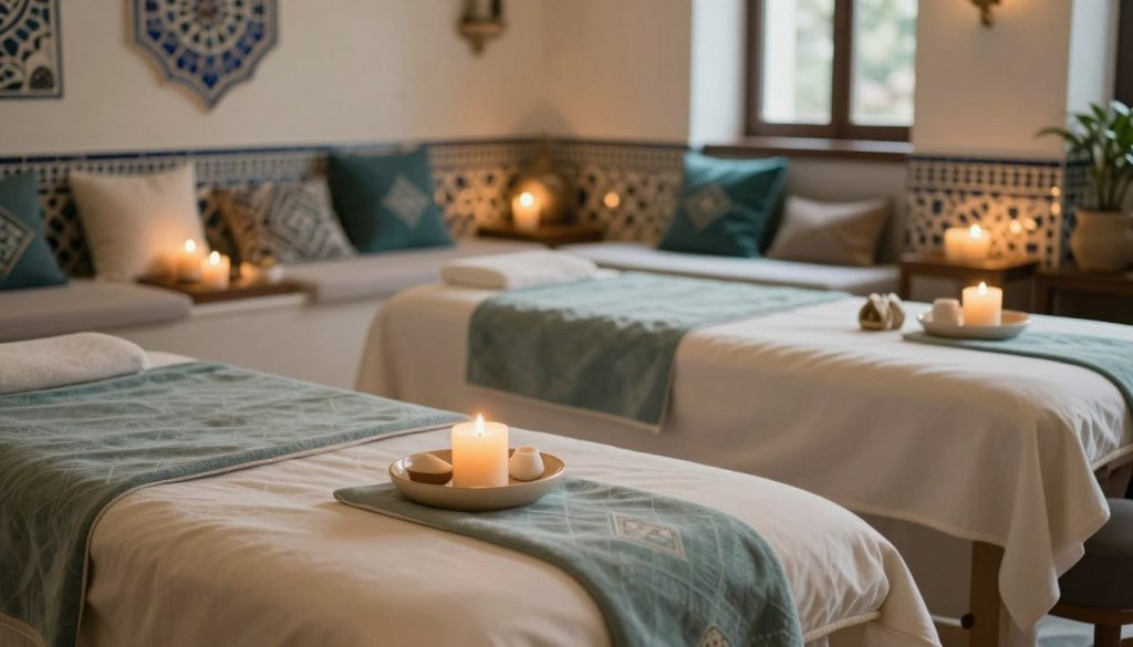 A serene spa environment reflecting the essence of an upscale massage therapy setting in Istanbul. In the foreground, plush massage tables adorned with soft, luxurious linens and carefully arranged aromatic candles. The middle layer reveals a calming ambiance with softly diffused lighting, creating a tranquil atmosphere; hints of soothing colors like soft blues and greens. In the background, a tastefully decorated room featuring traditional Turkish elements, such as mosaic tiles and plush cushions, enhances the cultural touch. The overall mood is serene and inviting, evoking relaxation and comfort, with a focus on tranquility and wellness. The lighting is warm and soft, highlighting the serene textures and inviting space, captured in a balanced, harmonious composition. A serene spa environment reflecting the essence of an upscale massage therapy setting in Istanbul. In the foreground, plush massage tables adorned with soft, luxurious linens and carefully arranged aromatic candles. The middle layer reveals a calming ambiance with softly diffused lighting, creating a tranquil atmosphere; hints of soothing colors like soft blues and greens. In the background, a tastefully decorated room featuring traditional Turkish elements, such as mosaic tiles and plush cushions, enhances the cultural touch. The overall mood is serene and inviting, evoking relaxation and comfort, with a focus on tranquility and wellness. The lighting is warm and soft, highlighting the serene textures and inviting space, captured in a balanced, harmonious composition.