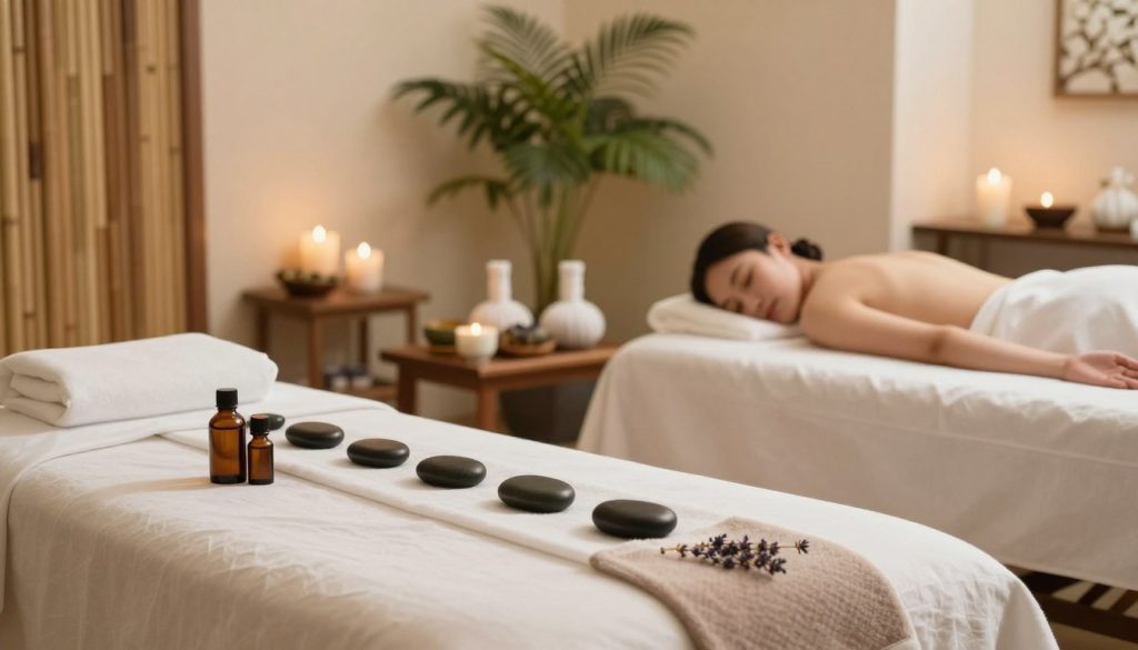 A serene spa environment showcasing a variety of massage types. In the foreground, a beautifully arranged massage table with soft white linens, essential oils, and smooth stones, meticulously presented. In the middle ground, a selection of calming elements like herbal tea cups and lavender sachets, representing relaxation and rejuvenation. The background features soothing, natural decor with soft green plants, a bamboo wall, and gentle, diffused lighting creating a tranquil atmosphere. The room is softly illuminated to evoke a sense of peace and serenity. The scene should have a warm color palette, inviting visitors to discover the different massage options available, emphasizing the balance between classic and specialized treatments without including any human figures. A serene spa environment showcasing a variety of massage types. In the foreground, a beautifully arranged massage table with soft white linens, essential oils, and smooth stones, meticulously presented. In the middle ground, a selection of calming elements like herbal tea cups and lavender sachets, representing relaxation and rejuvenation. The background features soothing, natural decor with soft green plants, a bamboo wall, and gentle, diffused lighting creating a tranquil atmosphere. The room is softly illuminated to evoke a sense of peace and serenity. The scene should have a warm color palette, inviting visitors to discover the different massage options available, emphasizing the balance between classic and specialized treatments without including any human figures.