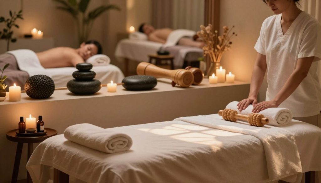 A serene spa environment showcasing various massage types and techniques. In the foreground, an elegant massage table adorned with luxurious linens, accompanied by essential oils and candles creating a calming atmosphere. In the middle, detailed depictions of different massage tools, such as textured stones and wooden massage rollers, arranged artistically to represent various techniques like Swedish, deep tissue, and aromatherapy. In the background, soft-focus images of tranquil spa rooms with soothing lighting, soft colors, and natural elements like plants to enhance relaxation. The overall mood is peaceful and inviting, conveying a sense of rejuvenation and wellness, with a warm light casting gentle shadows enhancing the serene atmosphere. A serene spa environment showcasing various massage types and techniques. In the foreground, an elegant massage table adorned with luxurious linens, accompanied by essential oils and candles creating a calming atmosphere. In the middle, detailed depictions of different massage tools, such as textured stones and wooden massage rollers, arranged artistically to represent various techniques like Swedish, deep tissue, and aromatherapy. In the background, soft-focus images of tranquil spa rooms with soothing lighting, soft colors, and natural elements like plants to enhance relaxation. The overall mood is peaceful and inviting, conveying a sense of rejuvenation and wellness, with a warm light casting gentle shadows enhancing the serene atmosphere.