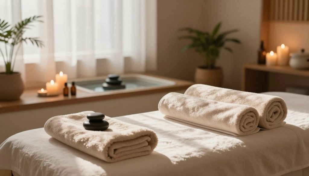 A serene spa environment with soft lighting and cozy decor, emphasizing relaxation and rejuvenation. In the foreground, a neatly arranged treatment table with plush towels and calming aromatherapy oils. In the middle, calming elements such as stones, candles, and a gentle water feature providing a soothing atmosphere. The background features a softly lit room with natural wood accents and indoor plants that enhance a tranquil feel. The overall mood is peaceful and restorative, evoking a sense of extended relaxation following a massage session. Dappled sunlight subtly filters through sheer curtains, creating a warm and inviting ambiance. Capture this serene setting at a slightly elevated angle to provide depth and perspective, focusing on the elements that support post-massage care. A serene spa environment with soft lighting and cozy decor, emphasizing relaxation and rejuvenation. In the foreground, a neatly arranged treatment table with plush towels and calming aromatherapy oils. In the middle, calming elements such as stones, candles, and a gentle water feature providing a soothing atmosphere. The background features a softly lit room with natural wood accents and indoor plants that enhance a tranquil feel. The overall mood is peaceful and restorative, evoking a sense of extended relaxation following a massage session. Dappled sunlight subtly filters through sheer curtains, creating a warm and inviting ambiance. Capture this serene setting at a slightly elevated angle to provide depth and perspective, focusing on the elements that support post-massage care.