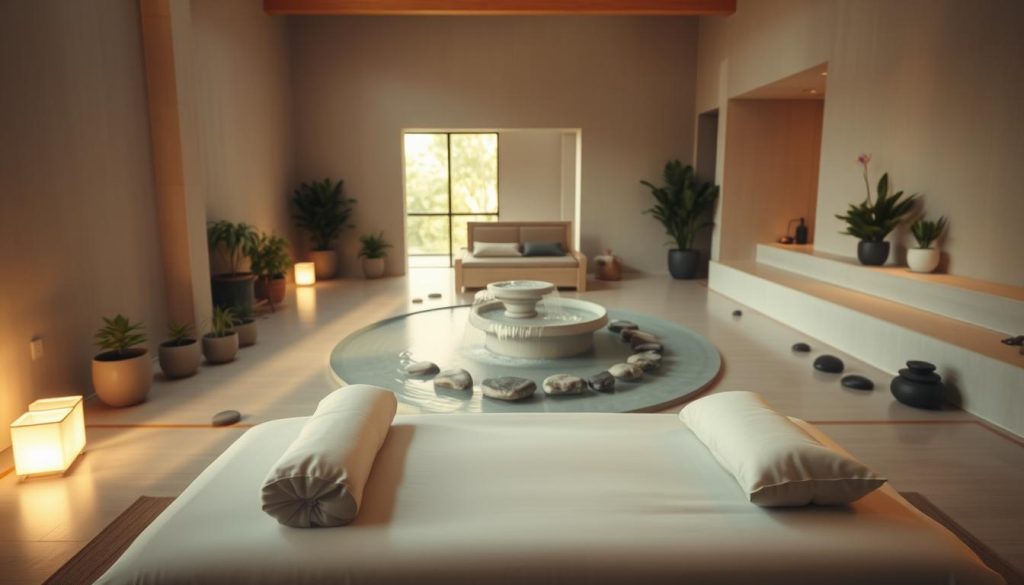 A serene spa interior with soft, diffused lighting creating a warm, inviting atmosphere. In the foreground, a masaj table with luxurious linens and ergonomic pillows, awaiting a tranquil massage experience. The middle ground features a decorative water feature, its gentle sounds promoting a sense of calm. Scattered around the room are various natural elements like potted plants and smooth river stones, enhancing the peaceful, restorative ambiance. The background showcases high ceilings, minimalist decor, and large windows allowing natural light to flood the space. An overall harmonious, soothing environment that evokes feelings of deep relaxation and rejuvenation. A serene spa interior with soft, diffused lighting creating a warm, inviting atmosphere. In the foreground, a masaj table with luxurious linens and ergonomic pillows, awaiting a tranquil massage experience. The middle ground features a decorative water feature, its gentle sounds promoting a sense of calm. Scattered around the room are various natural elements like potted plants and smooth river stones, enhancing the peaceful, restorative ambiance. The background showcases high ceilings, minimalist decor, and large windows allowing natural light to flood the space. An overall harmonious, soothing environment that evokes feelings of deep relaxation and rejuvenation.