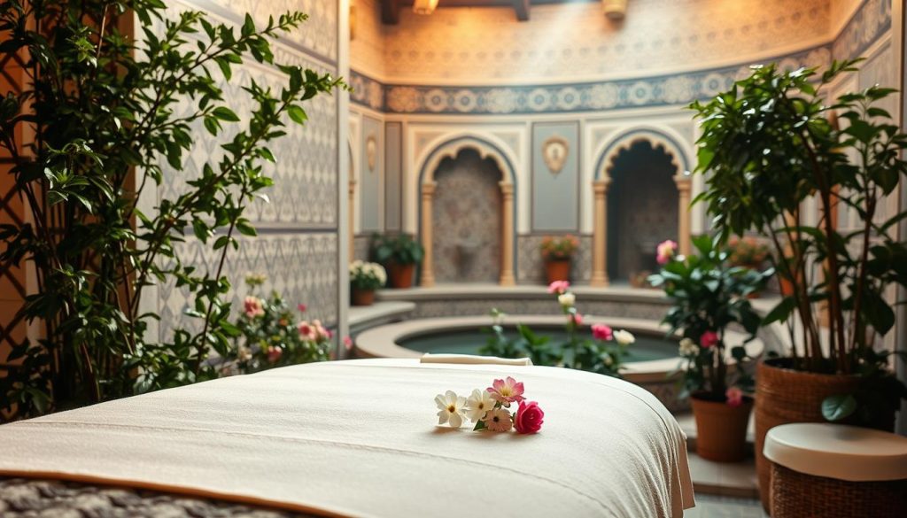 A serene spa-like environment showcasing a variety of traditional Turkish massage techniques. In the foreground, a tranquil scene depicts a plush massage table surrounded by lush greenery and fragrant flowers, bathed in warm, diffused lighting. In the middle ground, an ornately tiled wall with intricate patterns reflects the rich cultural heritage of Istanbul's massage traditions. The background features a softly blurred view of a Turkish hammam, hinting at the historical roots of these soothing practices. The overall atmosphere evokes a sense of relaxation, wellness, and the fusion of ancient and modern elements in Istanbul's thriving massage culture.
