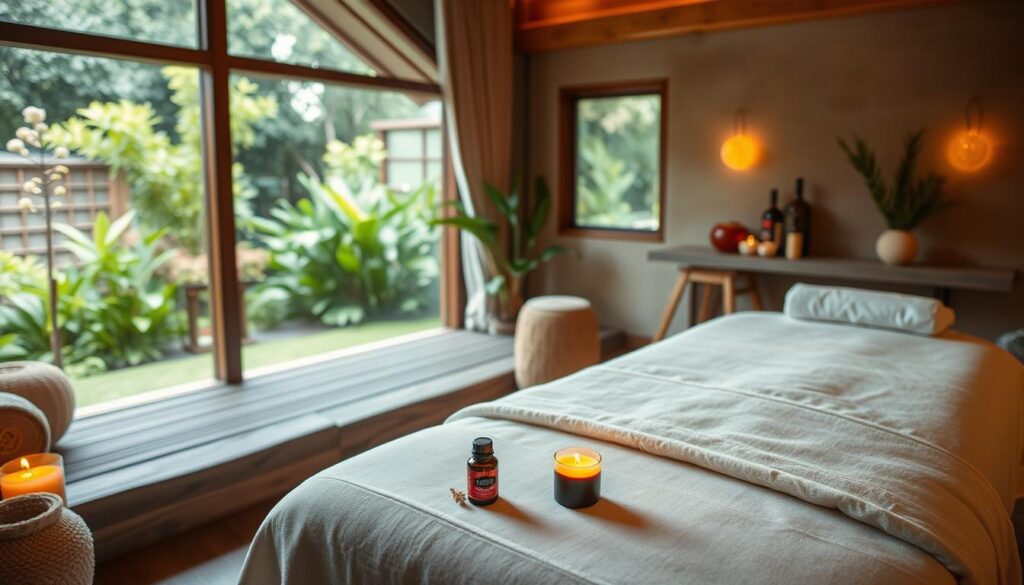 A serene spa-like oasis, softly lit with warm ambient lighting. A tranquil indoor setting with plush, earthy-toned furnishings and natural materials like wood and stone. A large window overlooks a lush, verdant garden, allowing natural light to filter in. In the foreground, a massage table draped in crisp, white linens, with a set of aromatherapy candles and essential oils nearby, exuding a calming fragrance. The overall atmosphere is one of soothing relaxation, wellness, and rejuvenation. A serene spa-like oasis, softly lit with warm ambient lighting. A tranquil indoor setting with plush, earthy-toned furnishings and natural materials like wood and stone. A large window overlooks a lush, verdant garden, allowing natural light to filter in. In the foreground, a massage table draped in crisp, white linens, with a set of aromatherapy candles and essential oils nearby, exuding a calming fragrance. The overall atmosphere is one of soothing relaxation, wellness, and rejuvenation.