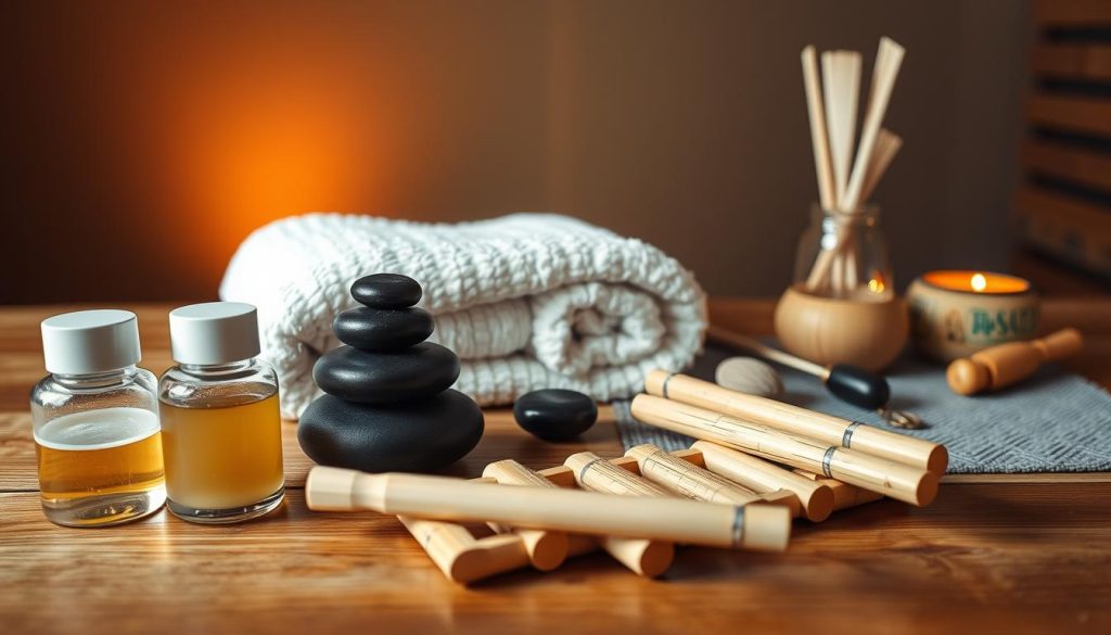 A serene, spa-like scene featuring various massage techniques and tools arranged on a wooden surface. In the foreground, a set of massage oils, stones, and bamboo sticks are neatly displayed. In the middle ground, a plush towel and a selection of massage instruments, such as a kneading roller and a gua sha tool, are visible. The background depicts a tranquil, dimly lit environment with soft, warm lighting, creating a calming and relaxing atmosphere. The image conveys a sense of harmony and wellness, inviting the viewer to explore the different massage techniques and their benefits. A serene, spa-like scene featuring various massage techniques and tools arranged on a wooden surface. In the foreground, a set of massage oils, stones, and bamboo sticks are neatly displayed. In the middle ground, a plush towel and a selection of massage instruments, such as a kneading roller and a gua sha tool, are visible. The background depicts a tranquil, dimly lit environment with soft, warm lighting, creating a calming and relaxing atmosphere. The image conveys a sense of harmony and wellness, inviting the viewer to explore the different massage techniques and their benefits.