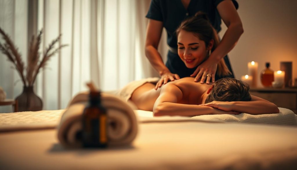 A serene, spa-like scene showcasing the physiological benefits of massage. In the foreground, a tranquil massage table with plush towels and soothing essential oils. The middle ground features a masseuse's hands skillfully kneading tension from a relaxed client's back, their expression one of pure bliss. The background evokes a calming, dimly lit room with soft, warm lighting, gentle natural textures, and a sense of restorative calm. The overall atmosphere conveys the holistic, therapeutic nature of massage and its ability to alleviate physical and mental stress. A serene, spa-like scene showcasing the physiological benefits of massage. In the foreground, a tranquil massage table with plush towels and soothing essential oils. The middle ground features a masseuse's hands skillfully kneading tension from a relaxed client's back, their expression one of pure bliss. The background evokes a calming, dimly lit room with soft, warm lighting, gentle natural textures, and a sense of restorative calm. The overall atmosphere conveys the holistic, therapeutic nature of massage and its ability to alleviate physical and mental stress.
