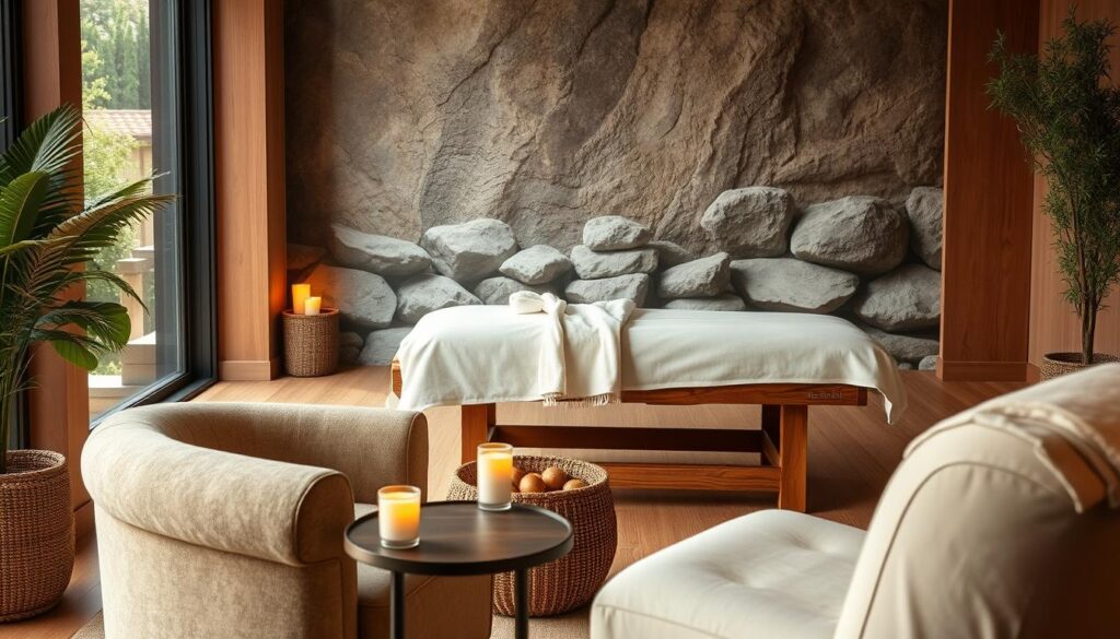 A serene spa-like scene with a warm, cozy atmosphere. In the foreground, a plush, oversized armchair sits next to a low table adorned with aromatic candles. The middle ground features a wooden massage table, draped in soft linens, set against a backdrop of soothing natural textures - smooth river stones, lush greenery, and natural sunlight filtering through a large window. The scene conveys a sense of tranquility and rejuvenation, inviting the viewer to experience the benefits of a professional Turkish massage in a peaceful, holistic setting. A serene spa-like scene with a warm, cozy atmosphere. In the foreground, a plush, oversized armchair sits next to a low table adorned with aromatic candles. The middle ground features a wooden massage table, draped in soft linens, set against a backdrop of soothing natural textures - smooth river stones, lush greenery, and natural sunlight filtering through a large window. The scene conveys a sense of tranquility and rejuvenation, inviting the viewer to experience the benefits of a professional Turkish massage in a peaceful, holistic setting.